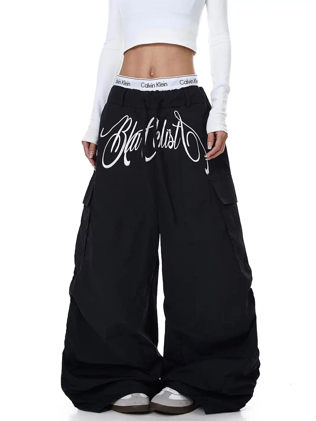 BLACKLISTS | Letter Embroidery Multi-pocket Pleated Cargo Pants