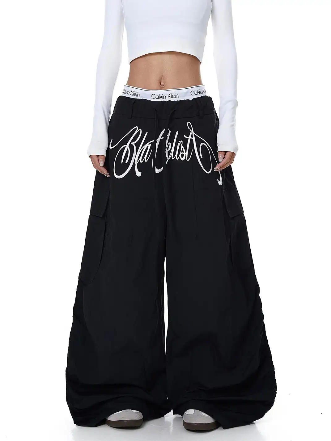 BLACKLISTS | Letter Embroidery Multi-pocket Pleated Cargo Pants