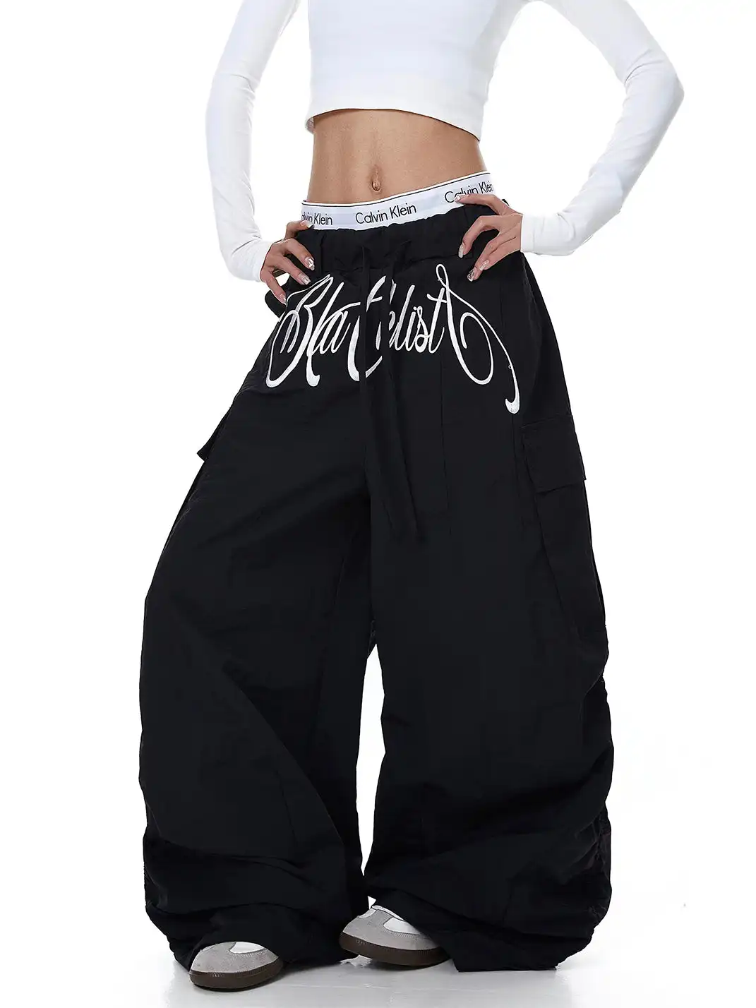 BLACKLISTS | Letter Embroidery Multi-pocket Pleated Cargo Pants