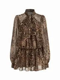 CIDER | Chiffon Leopard Print Lapel Ruffled Hem Dress