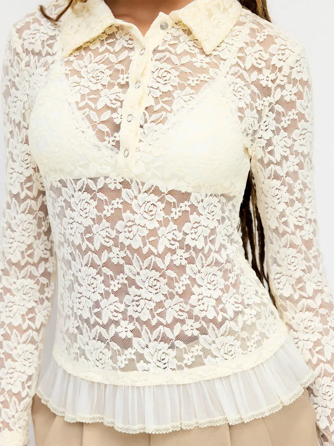 CIDER | Floral Lace Lapel Sheer Lantern Sleeve Top