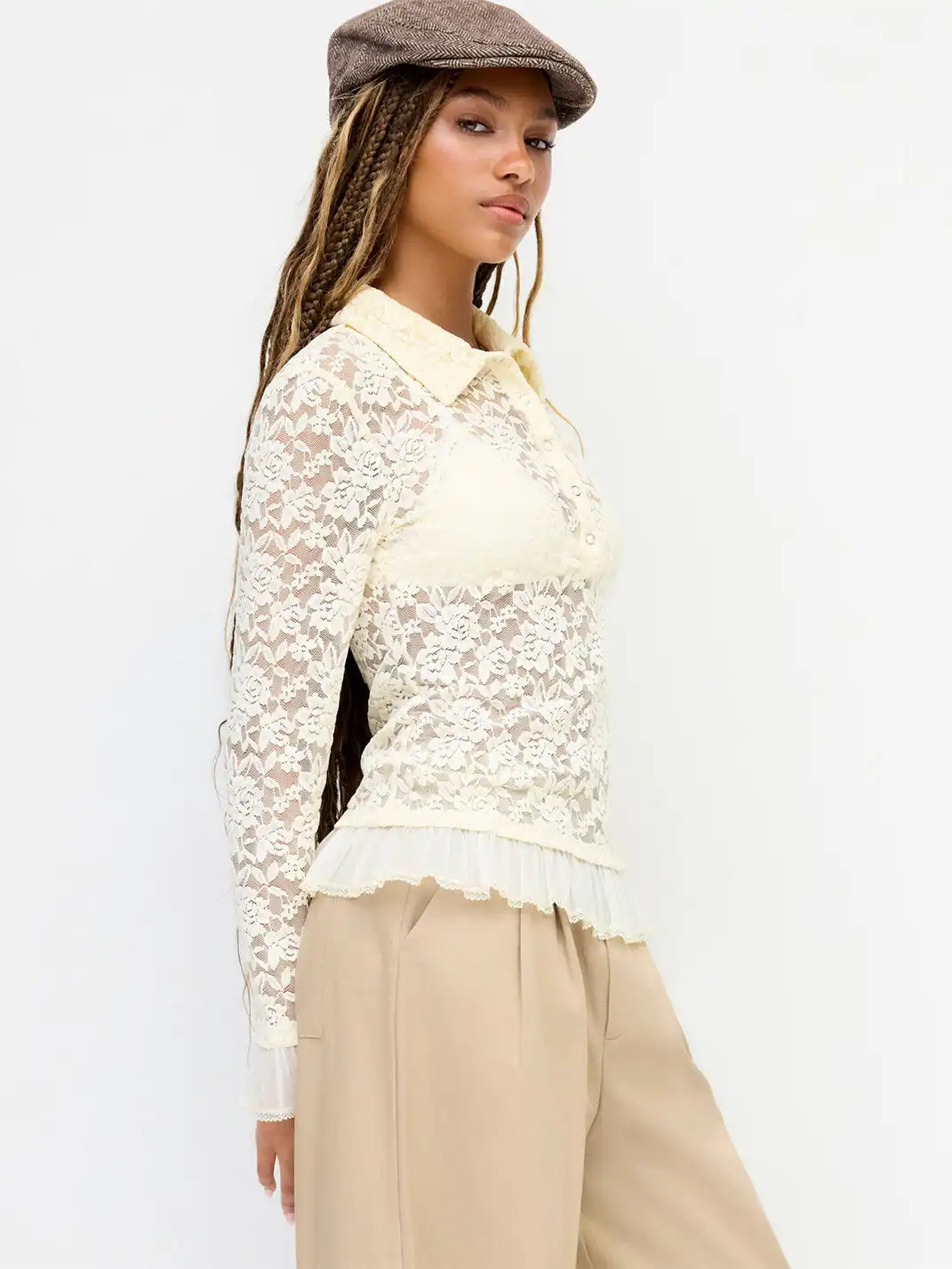 CIDER | Floral Lace Lapel Sheer Lantern Sleeve Top