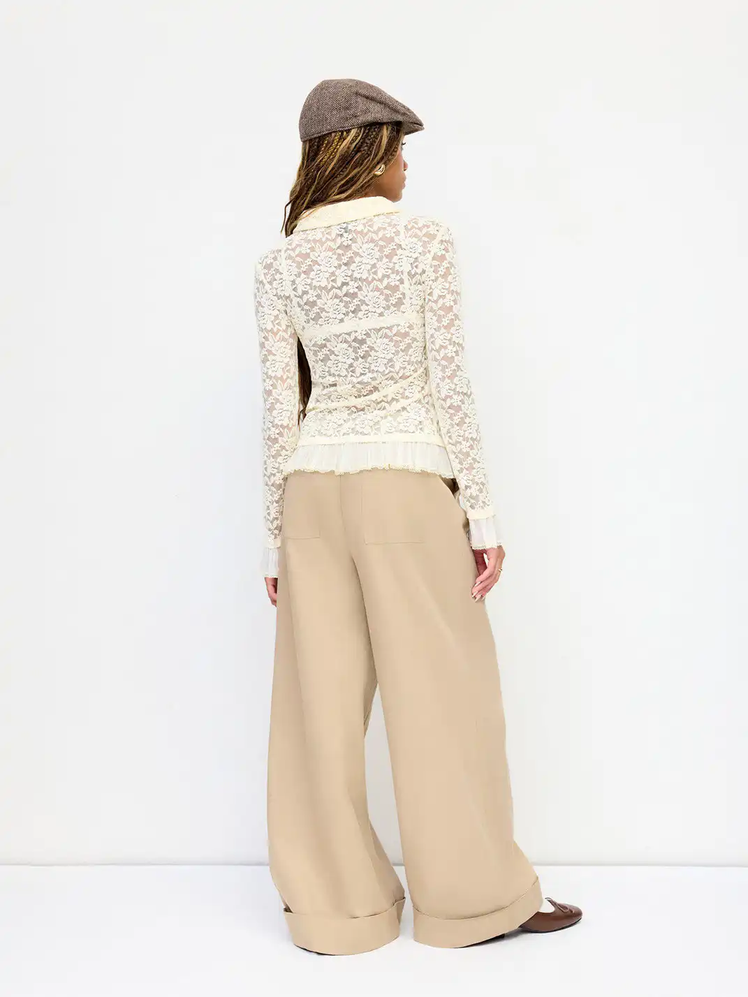 CIDER | Floral Lace Lapel Sheer Lantern Sleeve Top