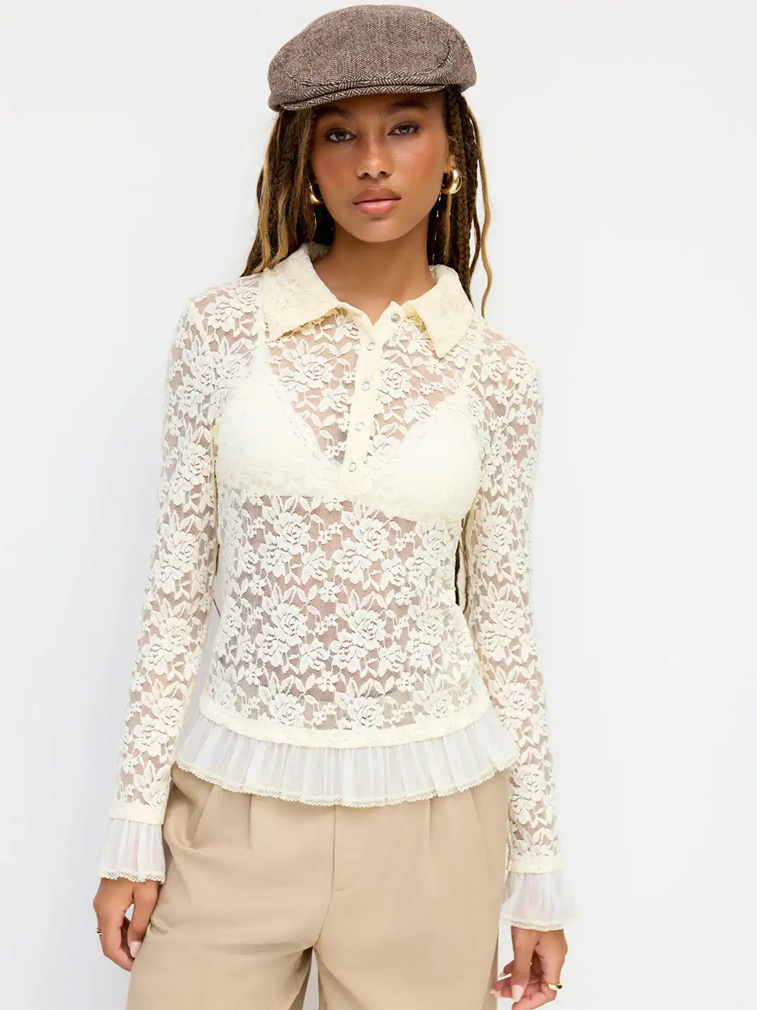 CIDER | Floral Lace Lapel Sheer Lantern Sleeve Top