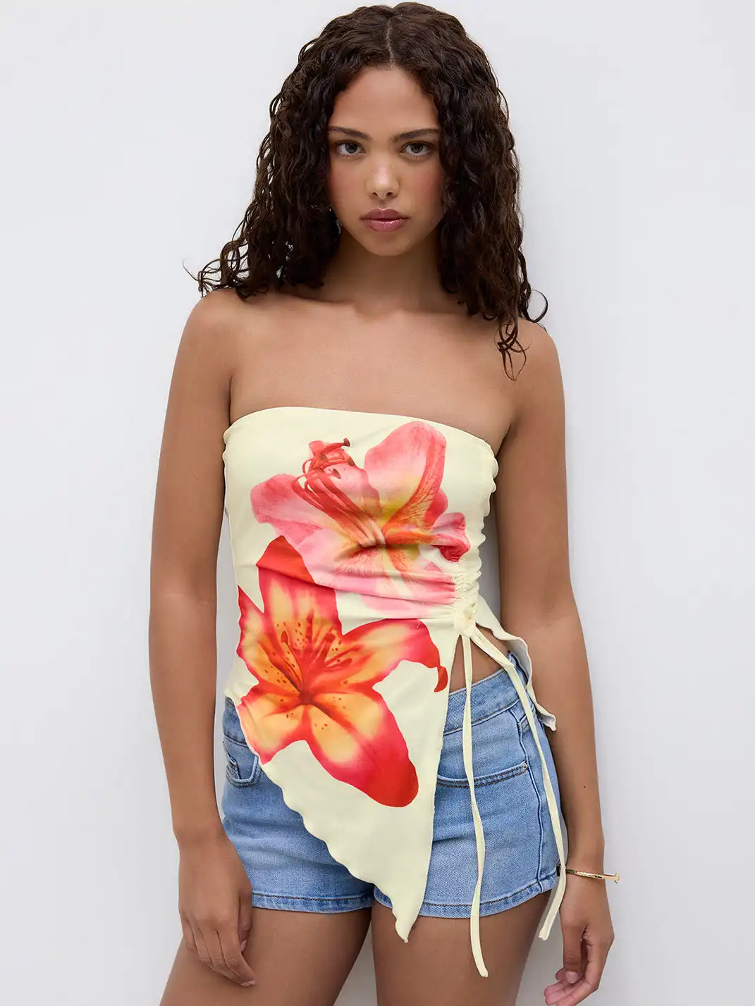 CIDER | Floral Print Drawstring Tube Top