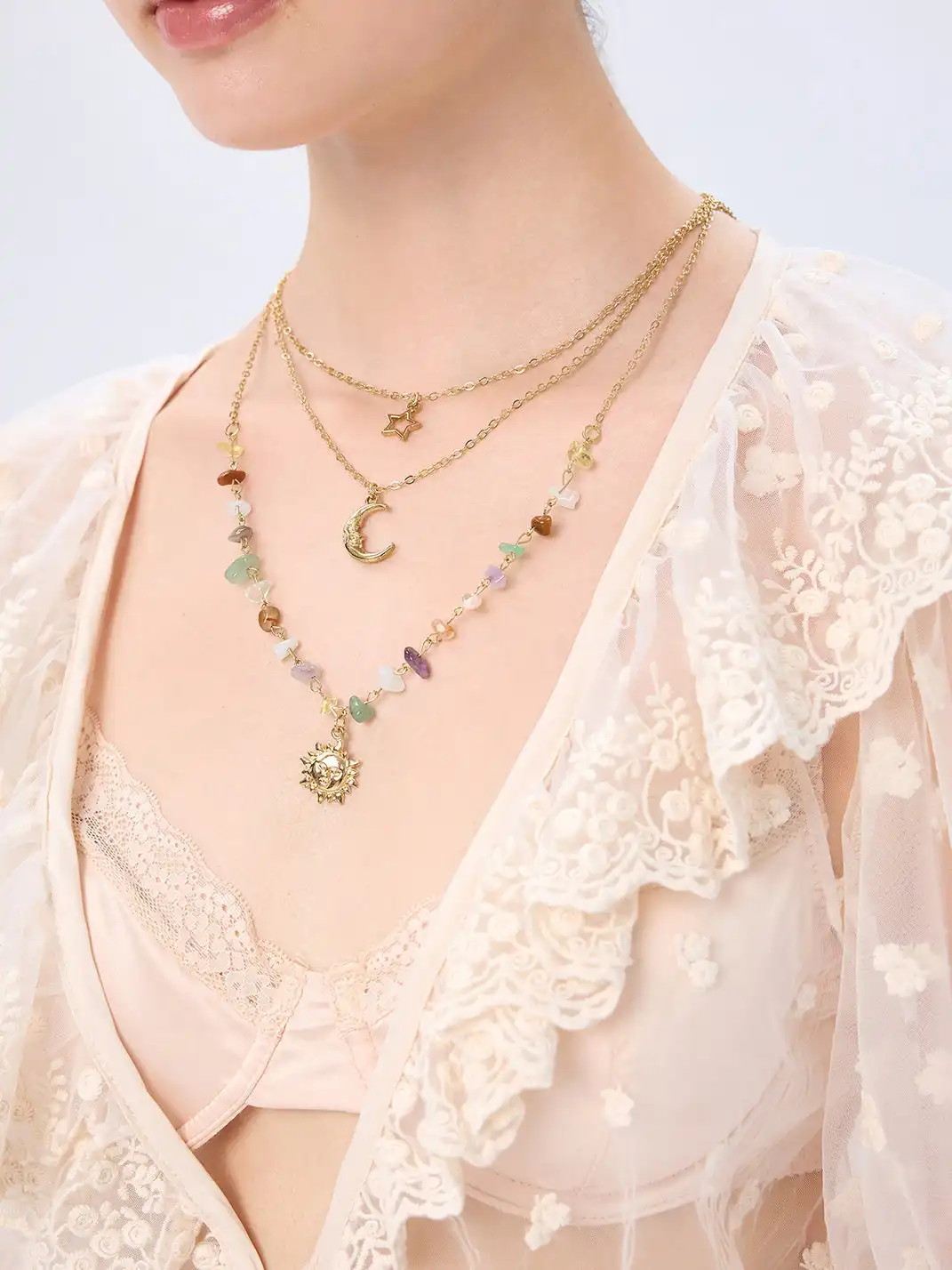 CIDER | Sun Moon Star Colored Stone Pendant Necklace