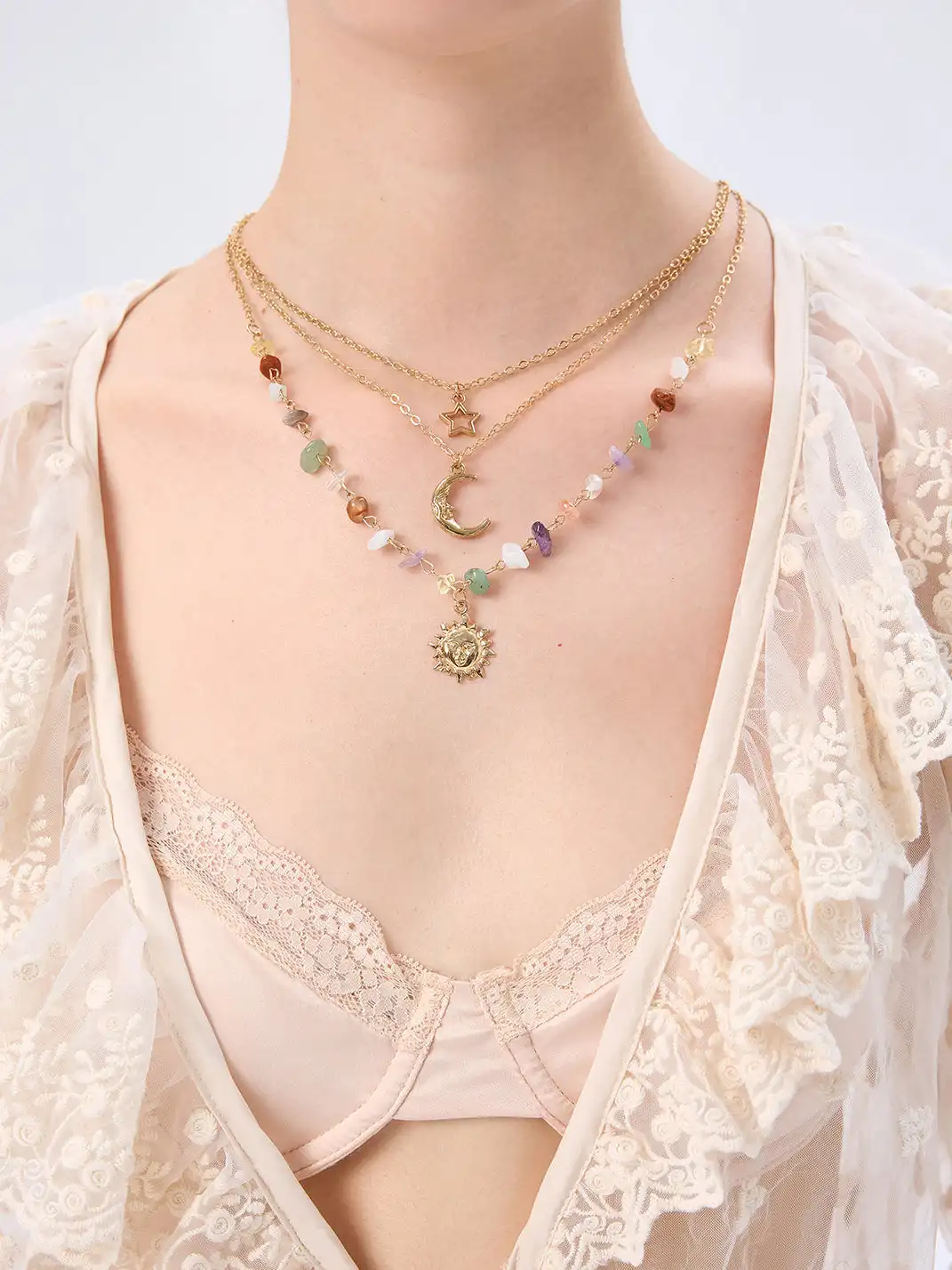 CIDER | Sun Moon Star Colored Stone Pendant Necklace