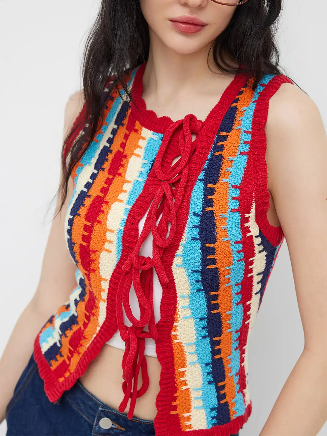 CIDER | Floral Collar Striped Color-block Knit Vest