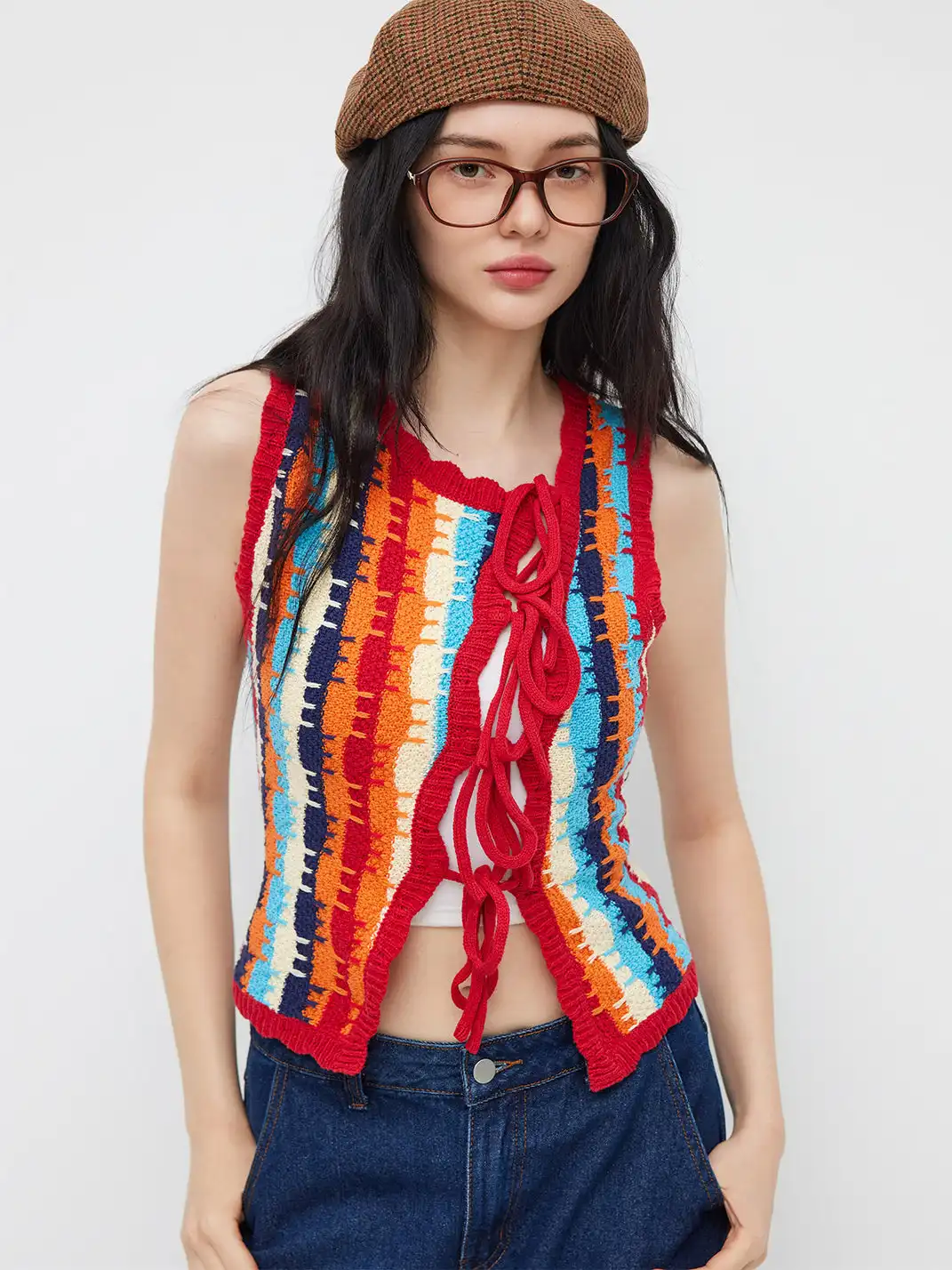 CIDER | Floral Collar Striped Color-block Knit Vest