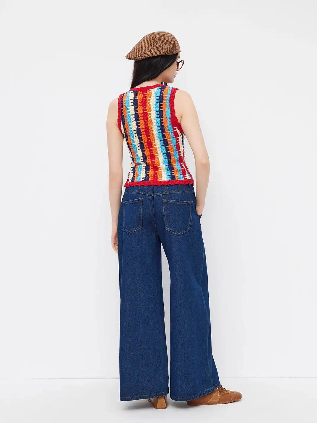 CIDER | Floral Collar Striped Color-block Knit Vest