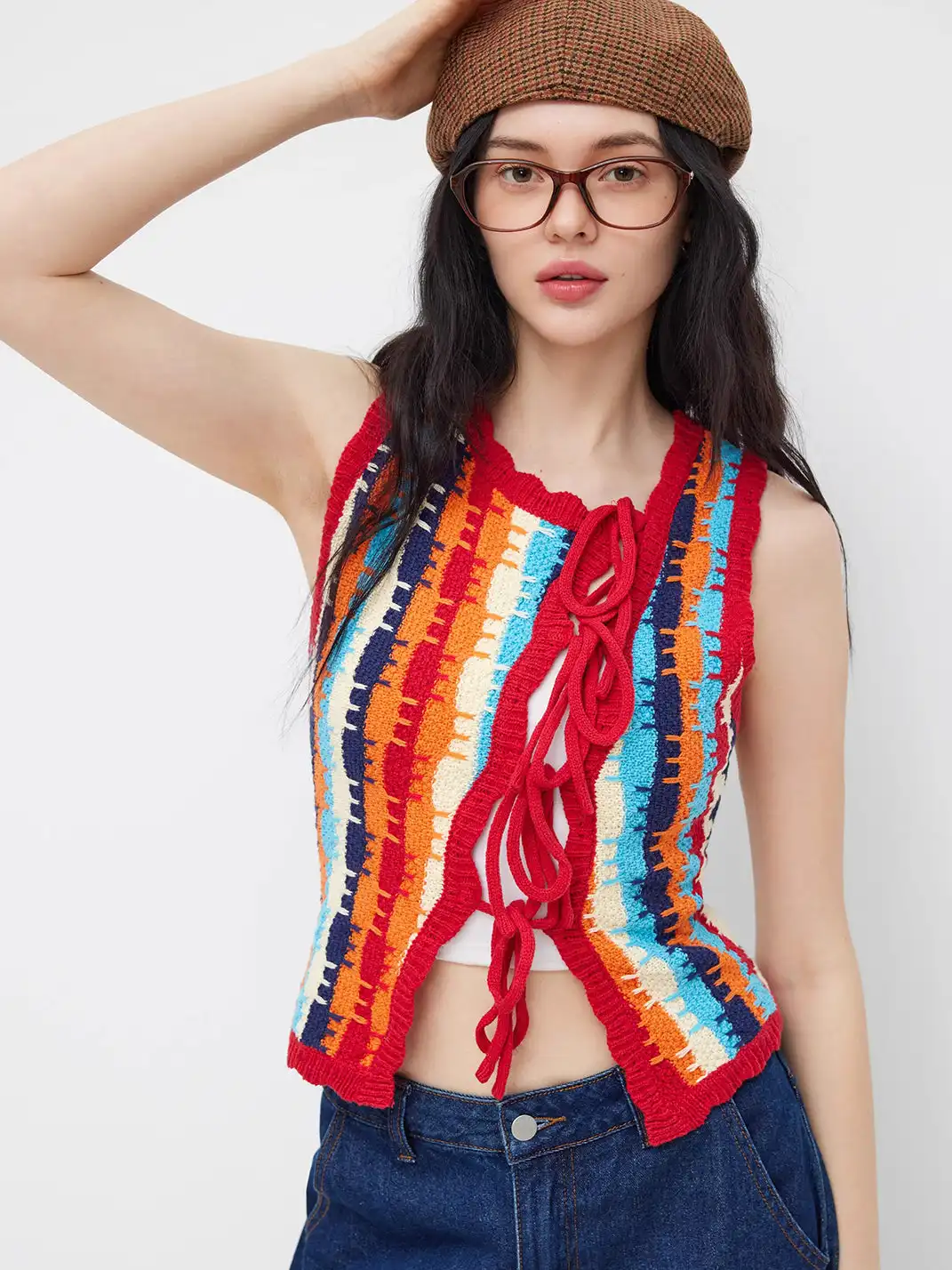 CIDER | Floral Collar Striped Color-block Knit Vest