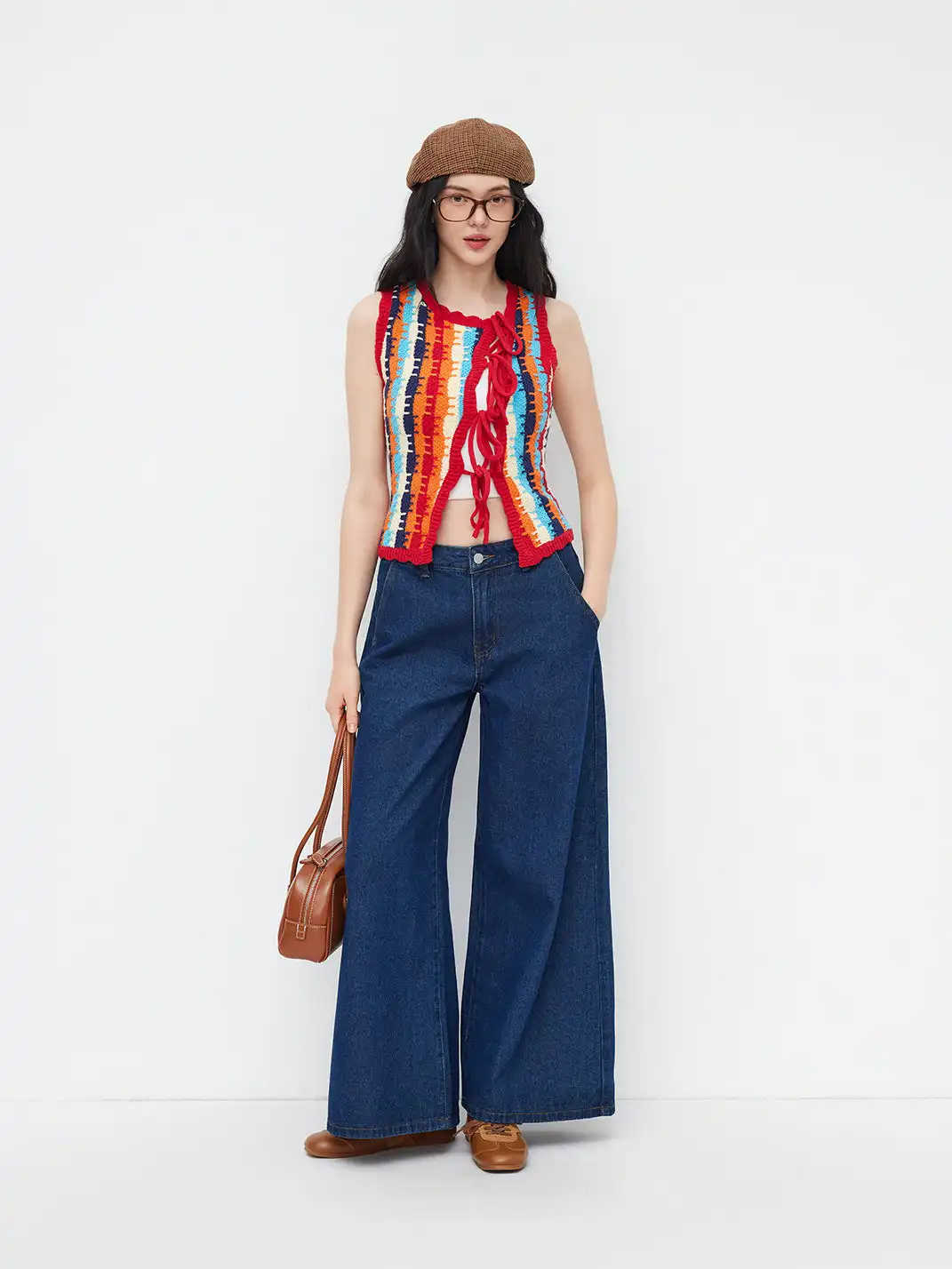 CIDER | Floral Collar Striped Color-block Knit Vest