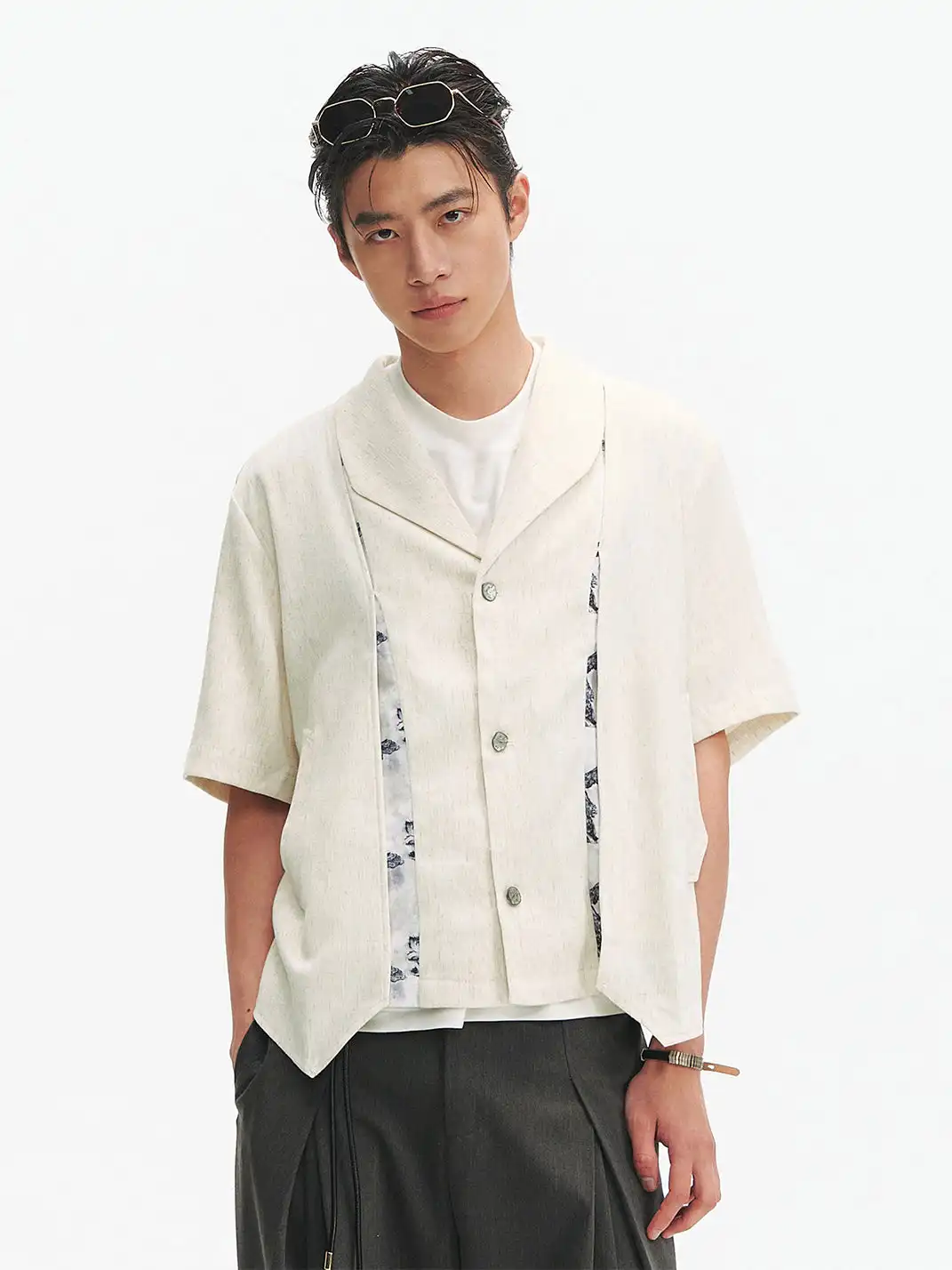 TAICHIISM | Floral Print Spliced Irregular Linen Shirt