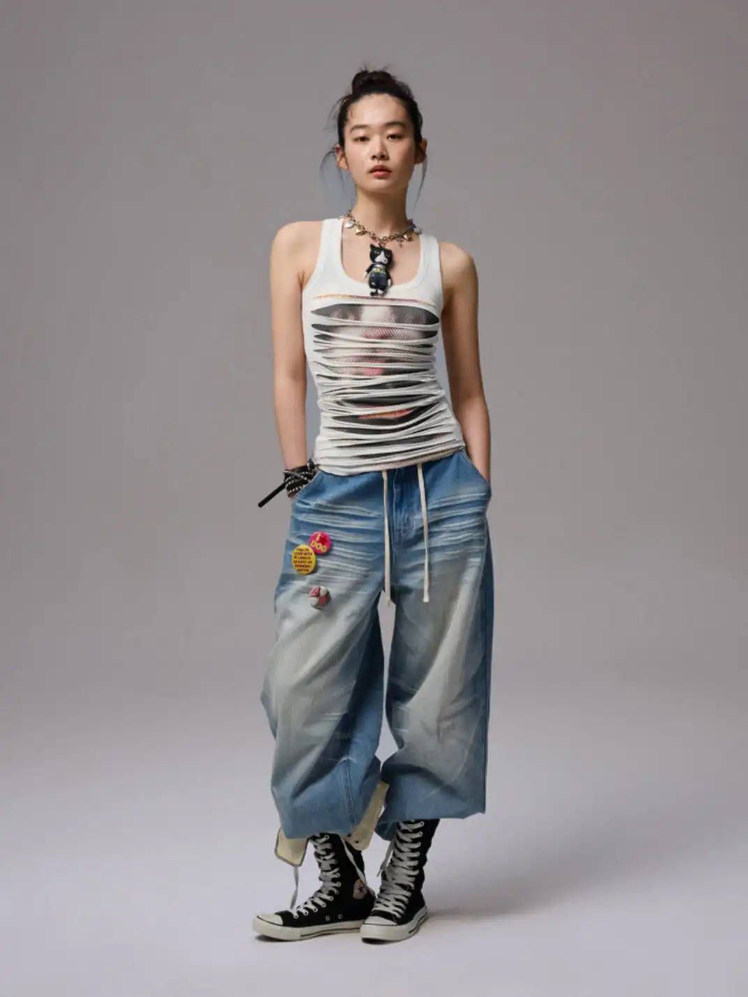 1JINN | Irregular Ripped Cat Print Double-Layer Tank Top