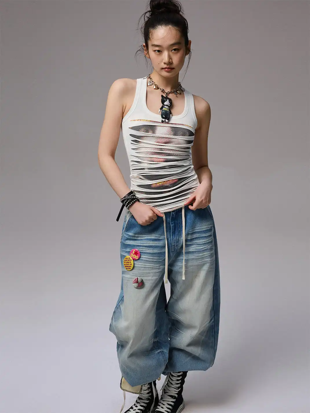 1JINN | Irregular Ripped Cat Print Double-Layer Tank Top