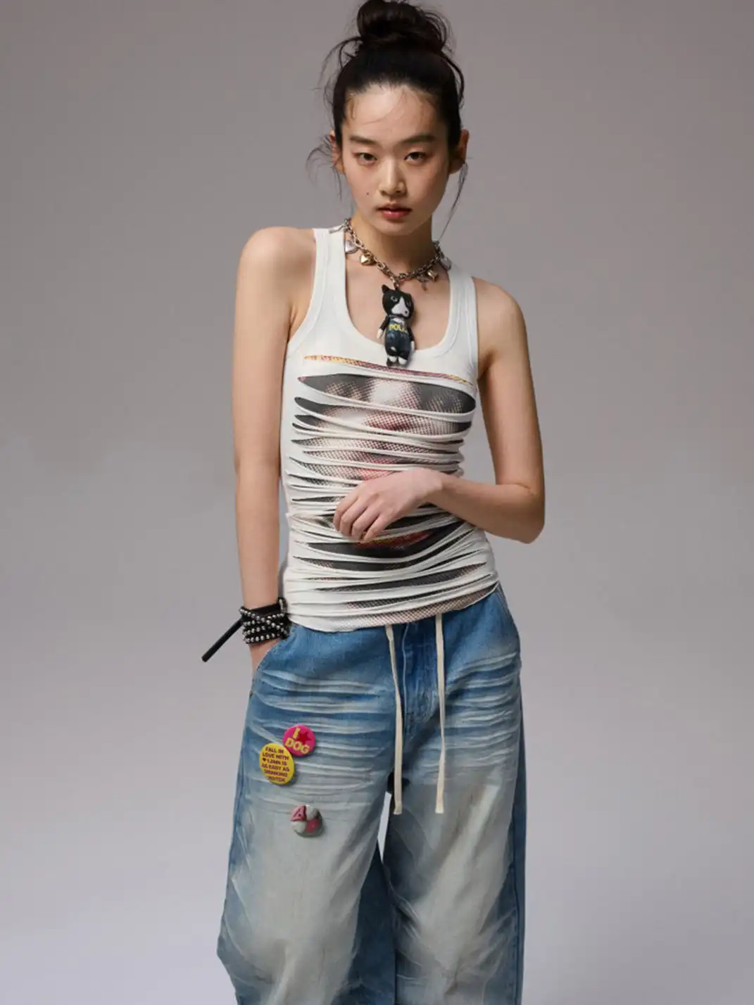 1JINN | Irregular Ripped Cat Print Double-Layer Tank Top