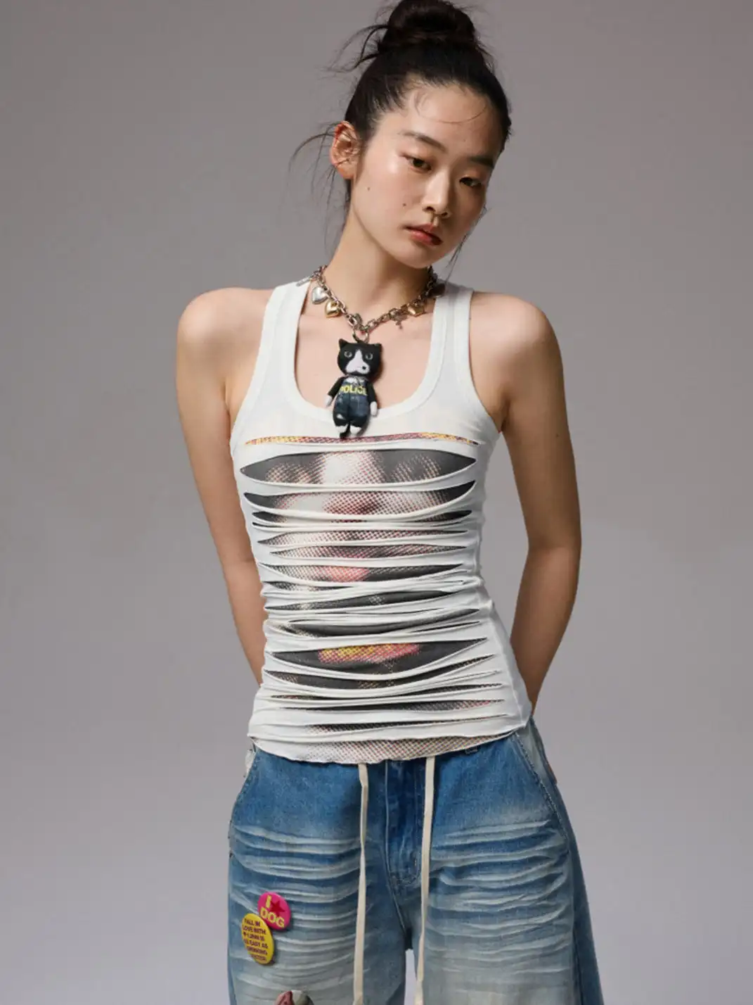 1JINN | Irregular Ripped Cat Print Double-Layer Tank Top