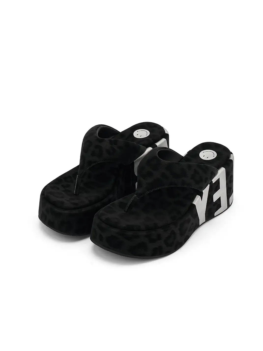 SMILEY | Suede Letter Print Platform Flip-flops-Black