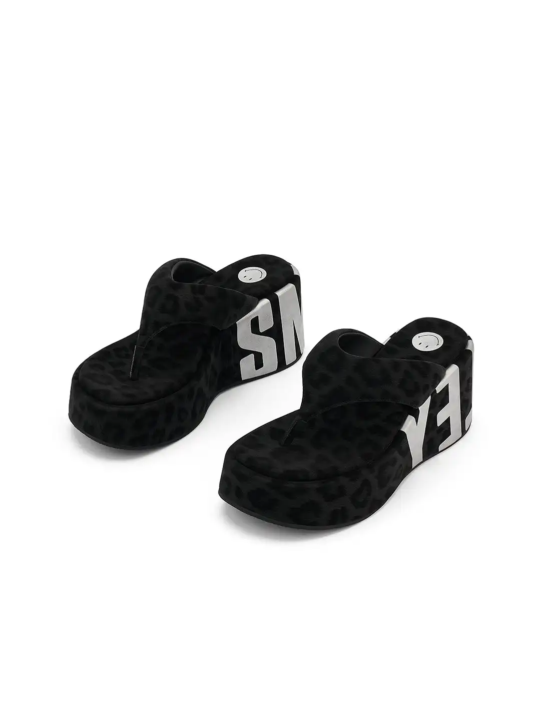 SMILEY | Suede Letter Print Platform Flip-flops-Black