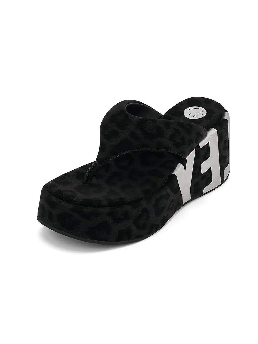 SMILEY | Suede Letter Print Platform Flip-flops-Black