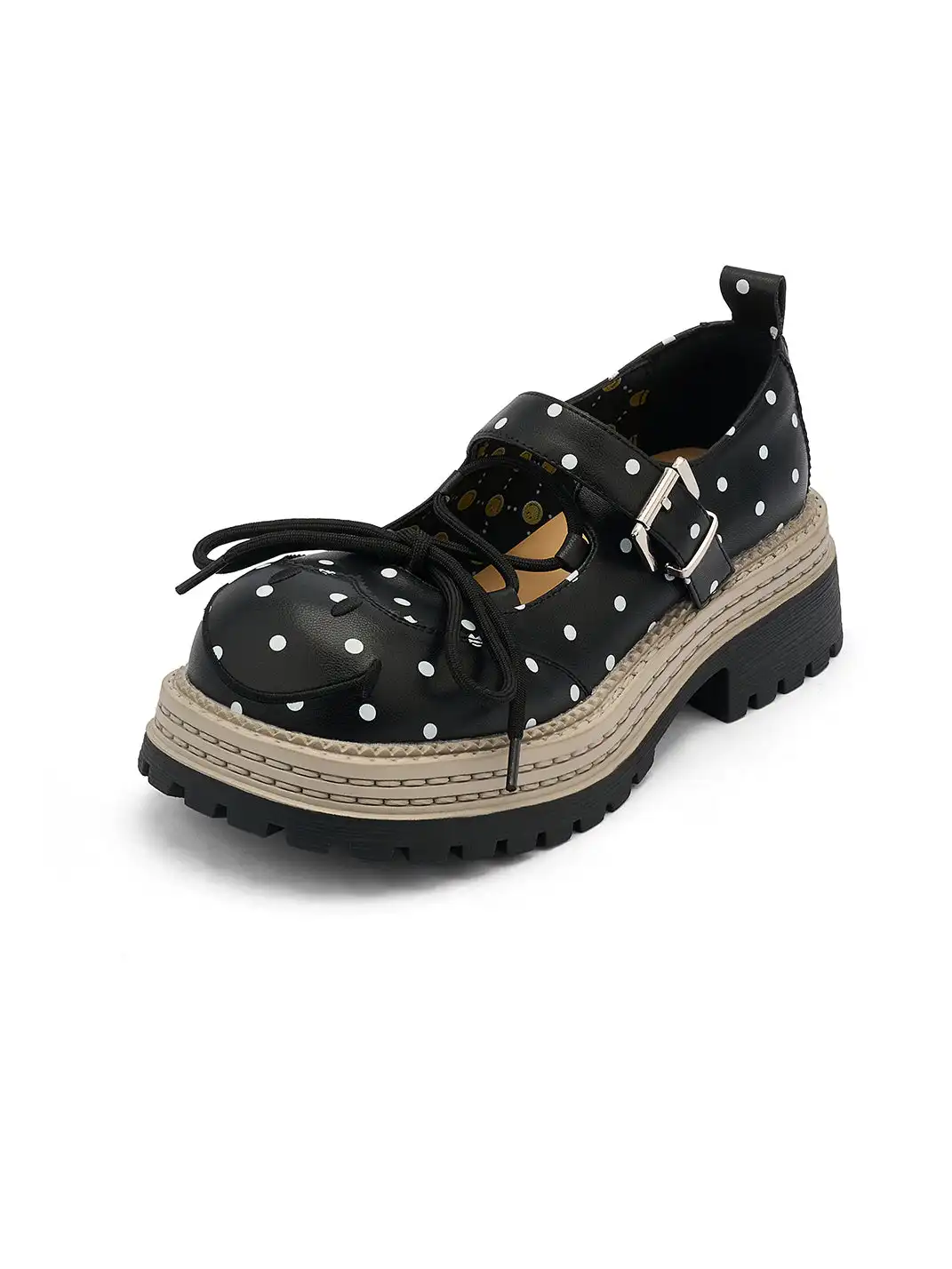 SMILEY | Polka Dot Platform Mary Jane Shoes With Bow-Black