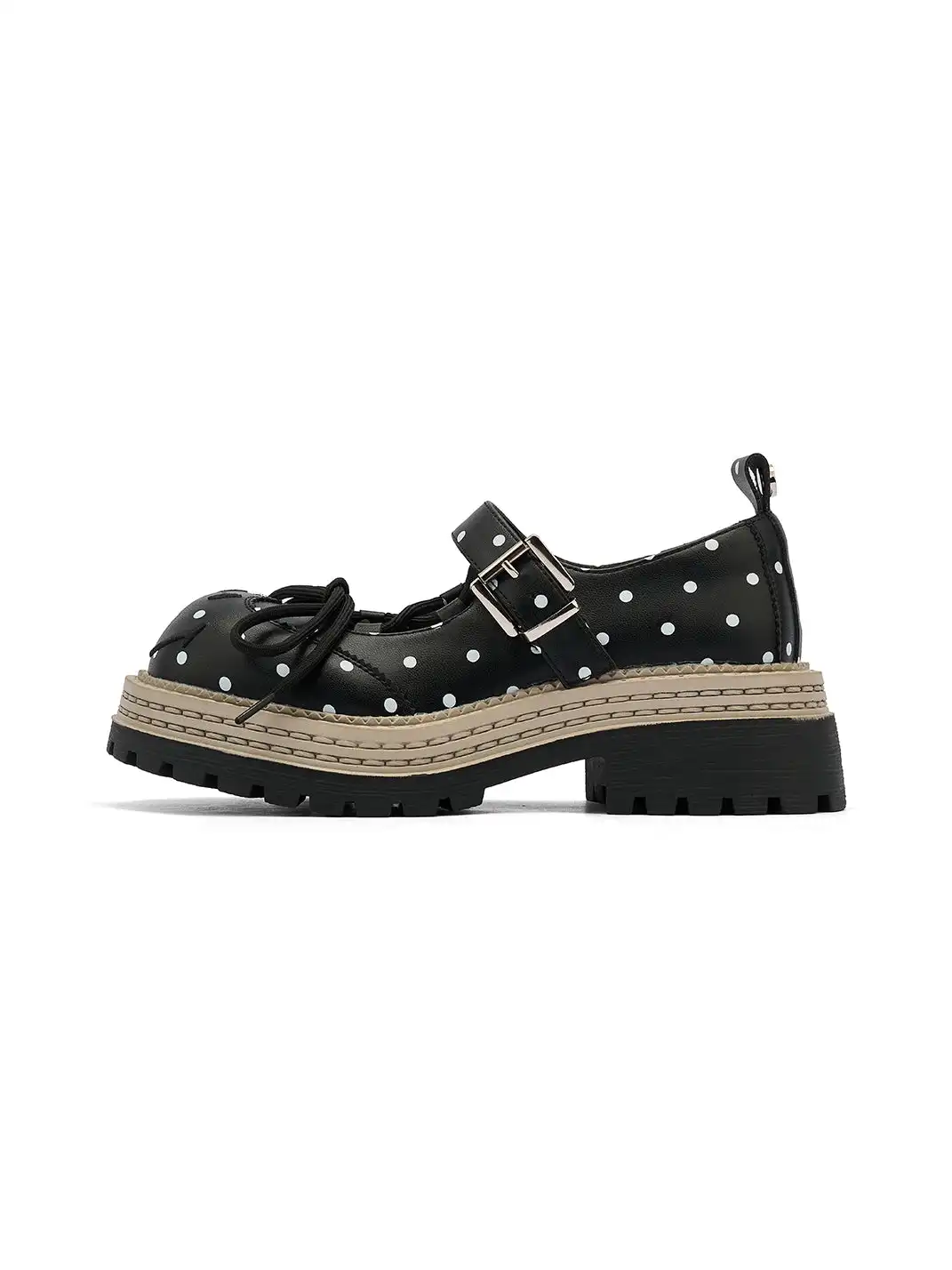 SMILEY | Polka Dot Platform Mary Jane Shoes With Bow-Black