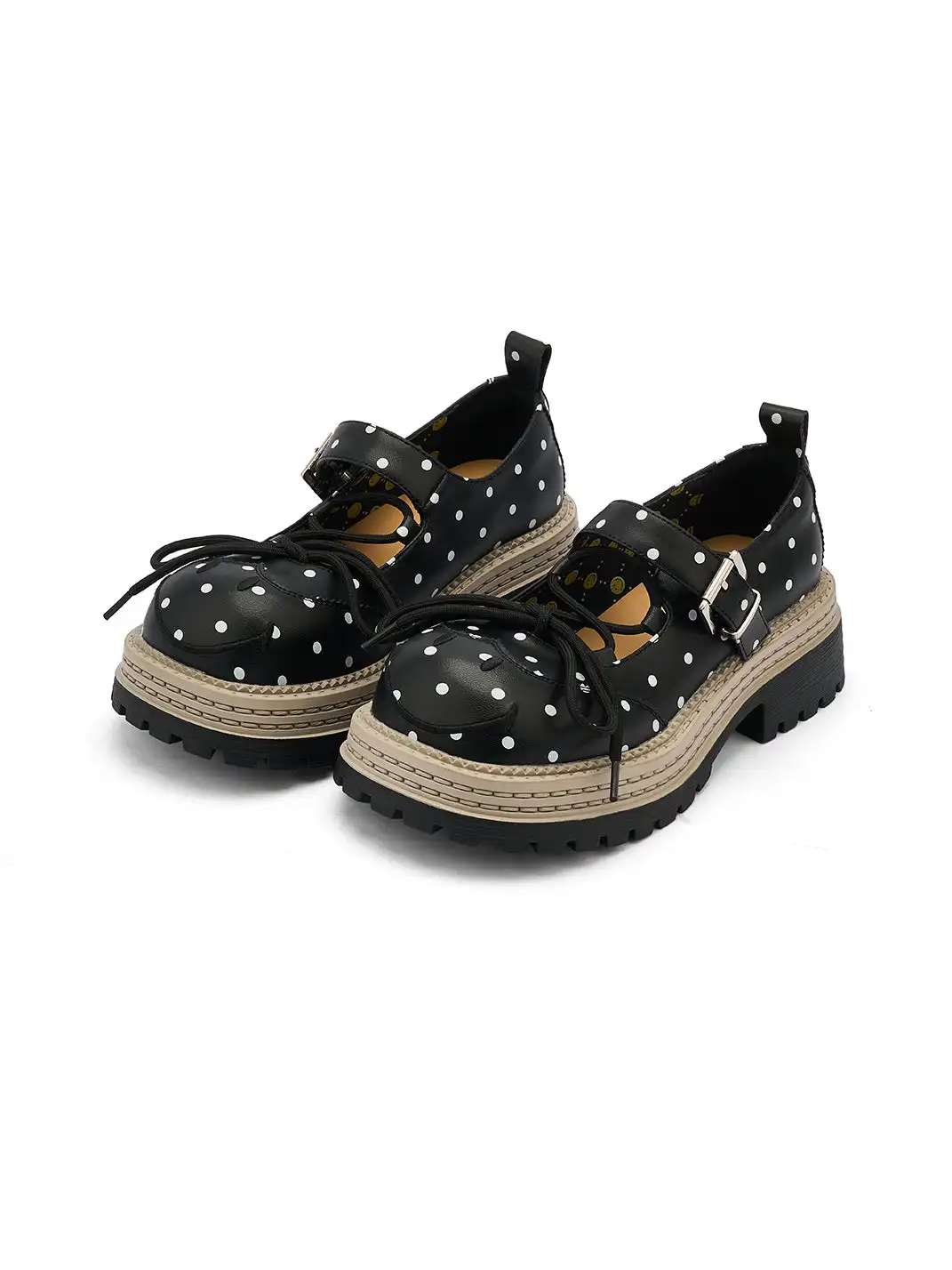 SMILEY | Polka Dot Platform Mary Jane Shoes With Bow-Black