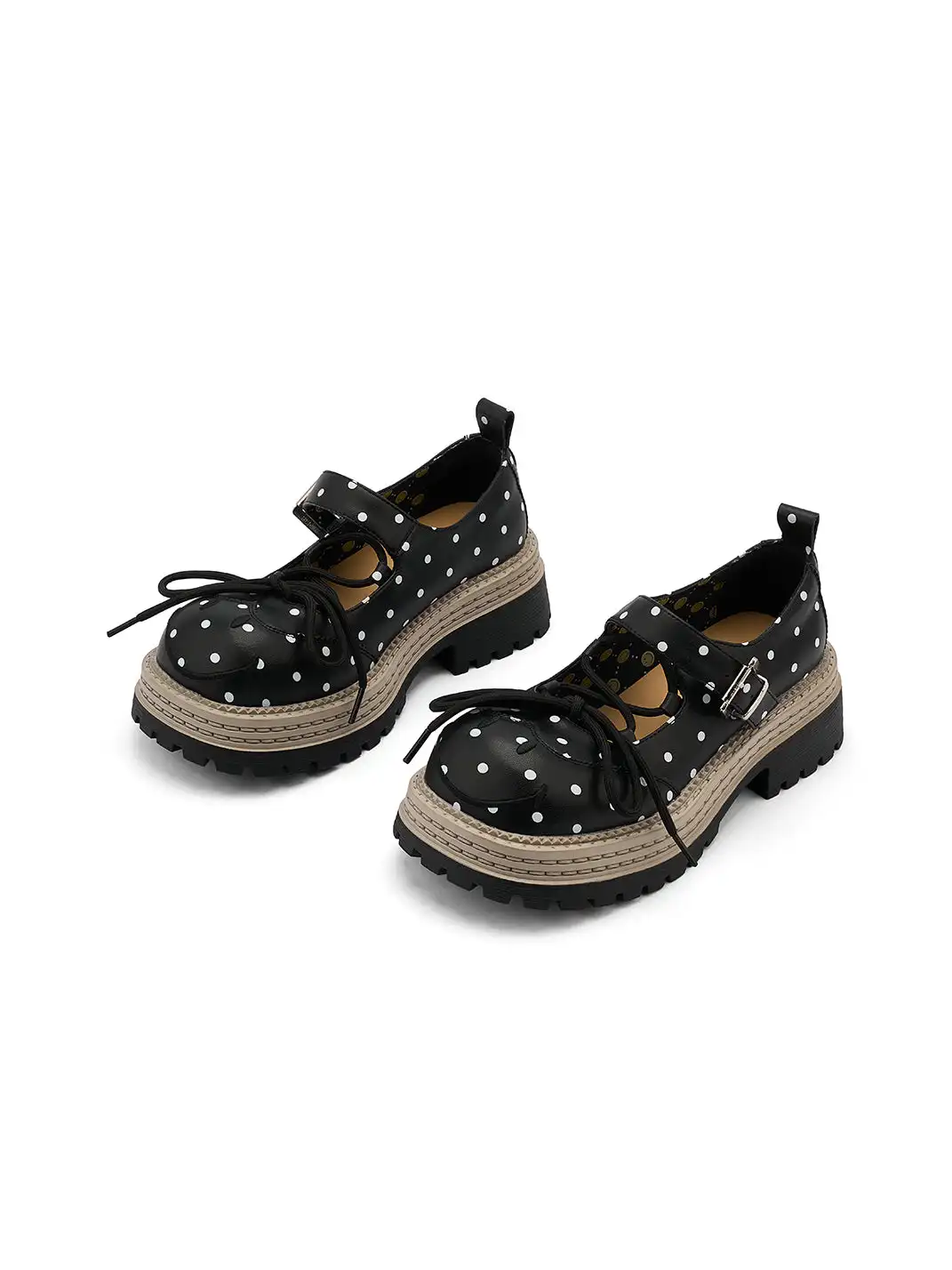 SMILEY | Polka Dot Platform Mary Jane Shoes With Bow-Black