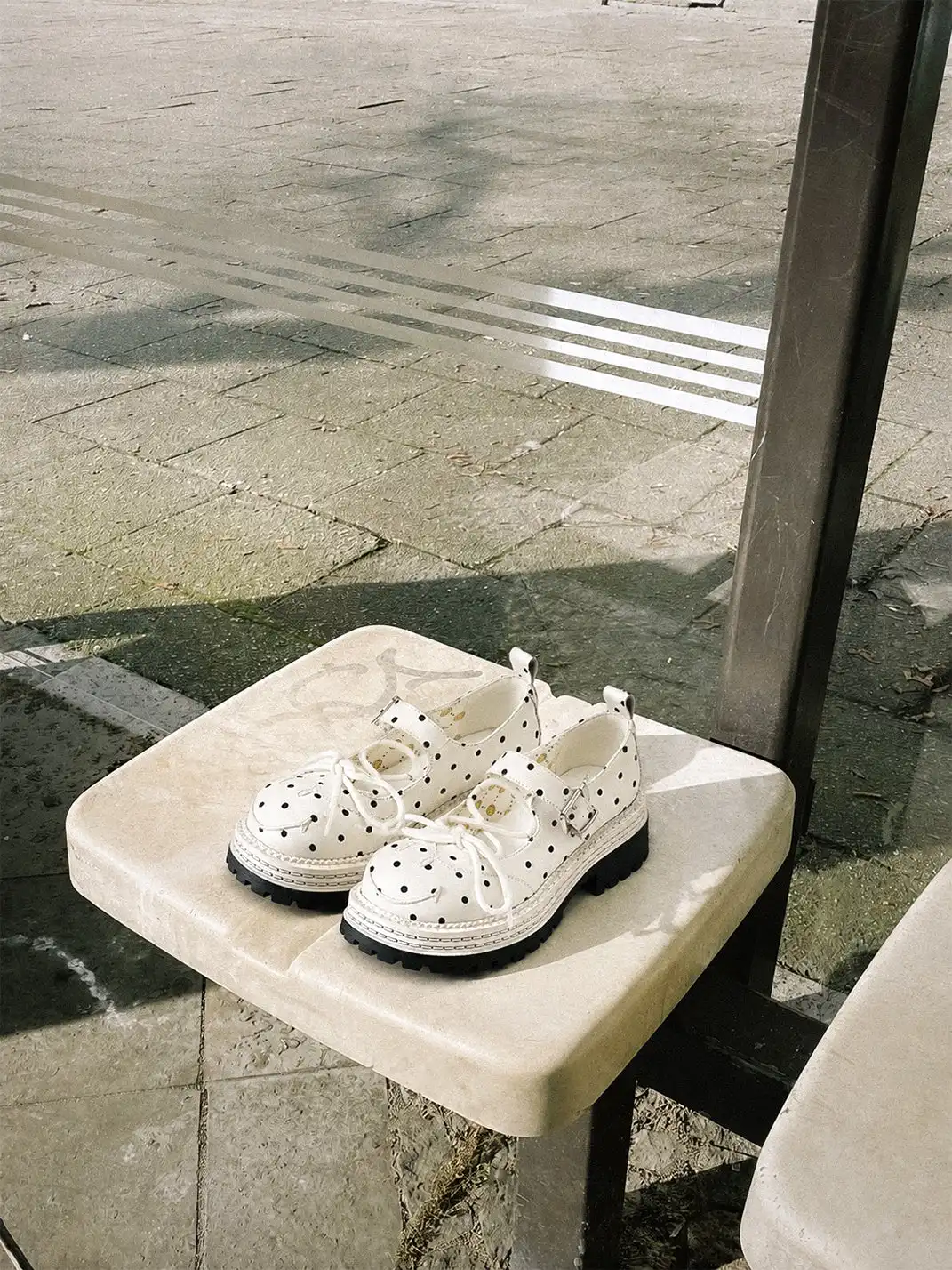 SMILEY | Off-white Polka Dot Mary Jane Platform Shoes With Bow