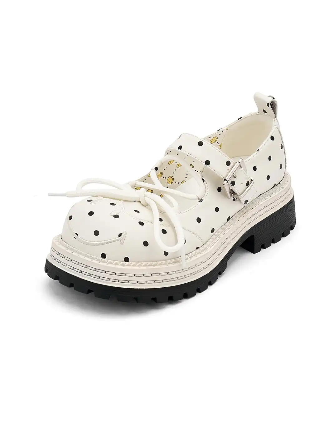 SMILEY | Off-white Polka Dot Mary Jane Platform Shoes With Bow