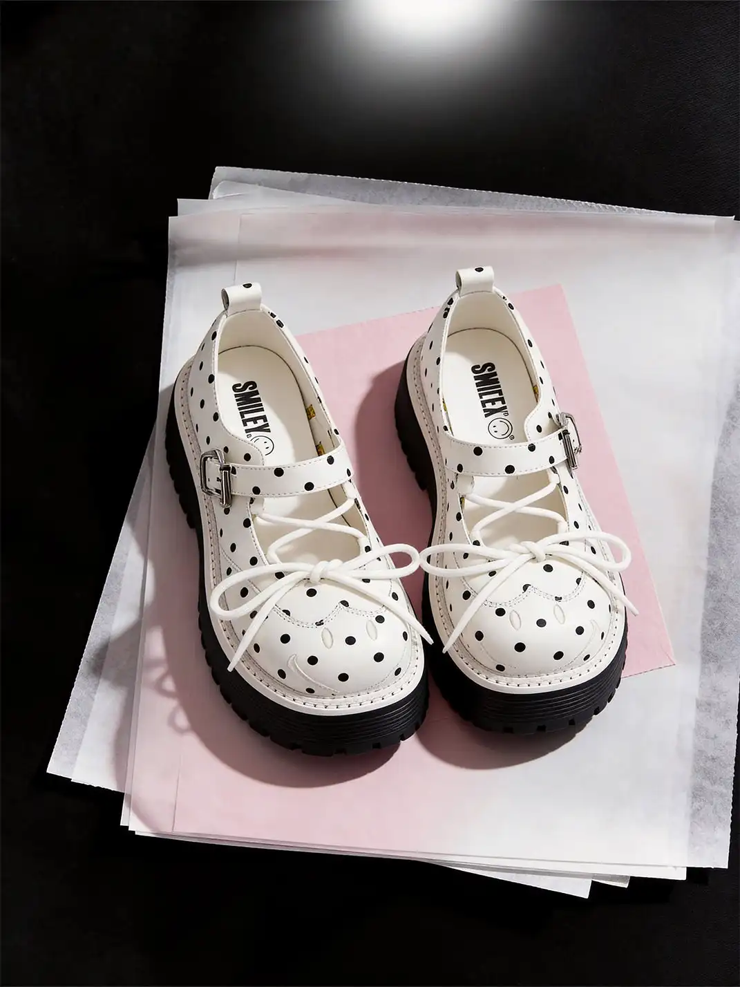 SMILEY | Off-white Polka Dot Mary Jane Platform Shoes With Bow