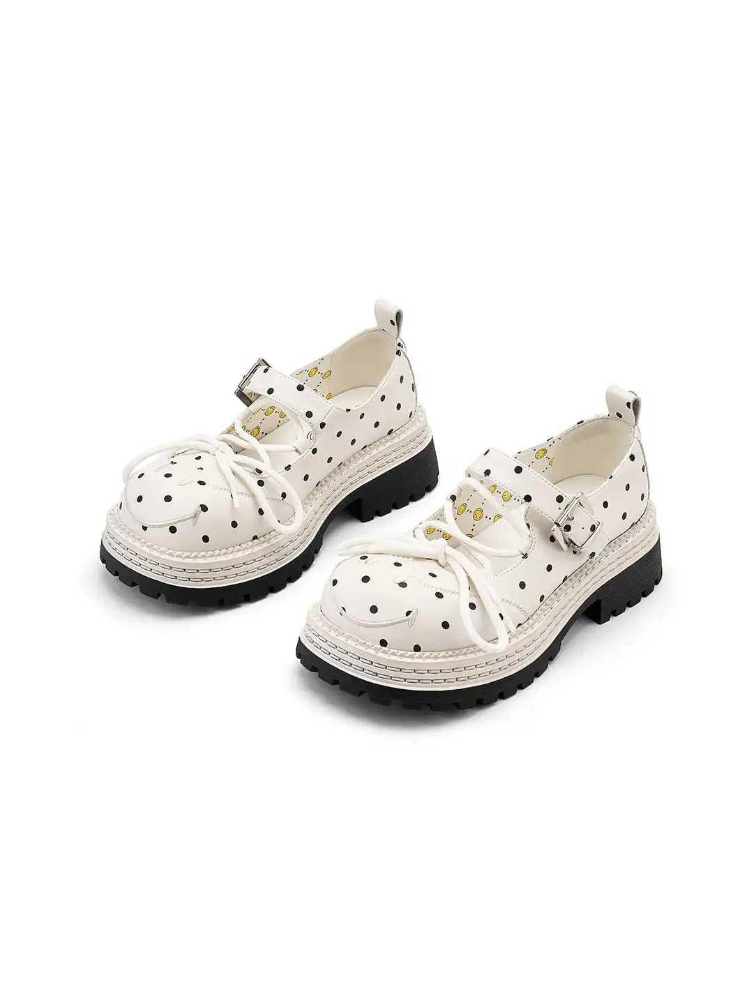 SMILEY | Off-white Polka Dot Mary Jane Platform Shoes With Bow