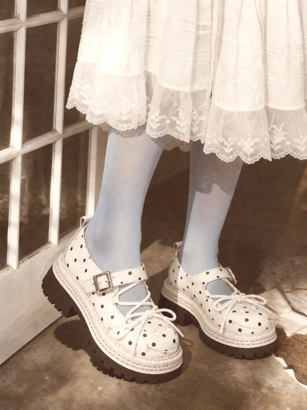 SMILEY | Off-white Polka Dot Mary Jane Platform Shoes With Bow