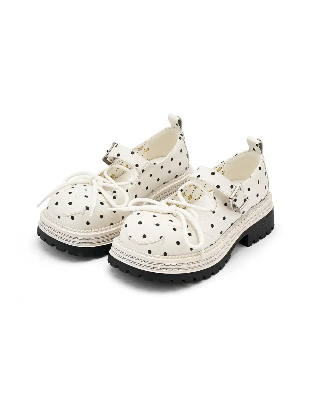 SMILEY | Off-white Polka Dot Mary Jane Platform Shoes With Bow