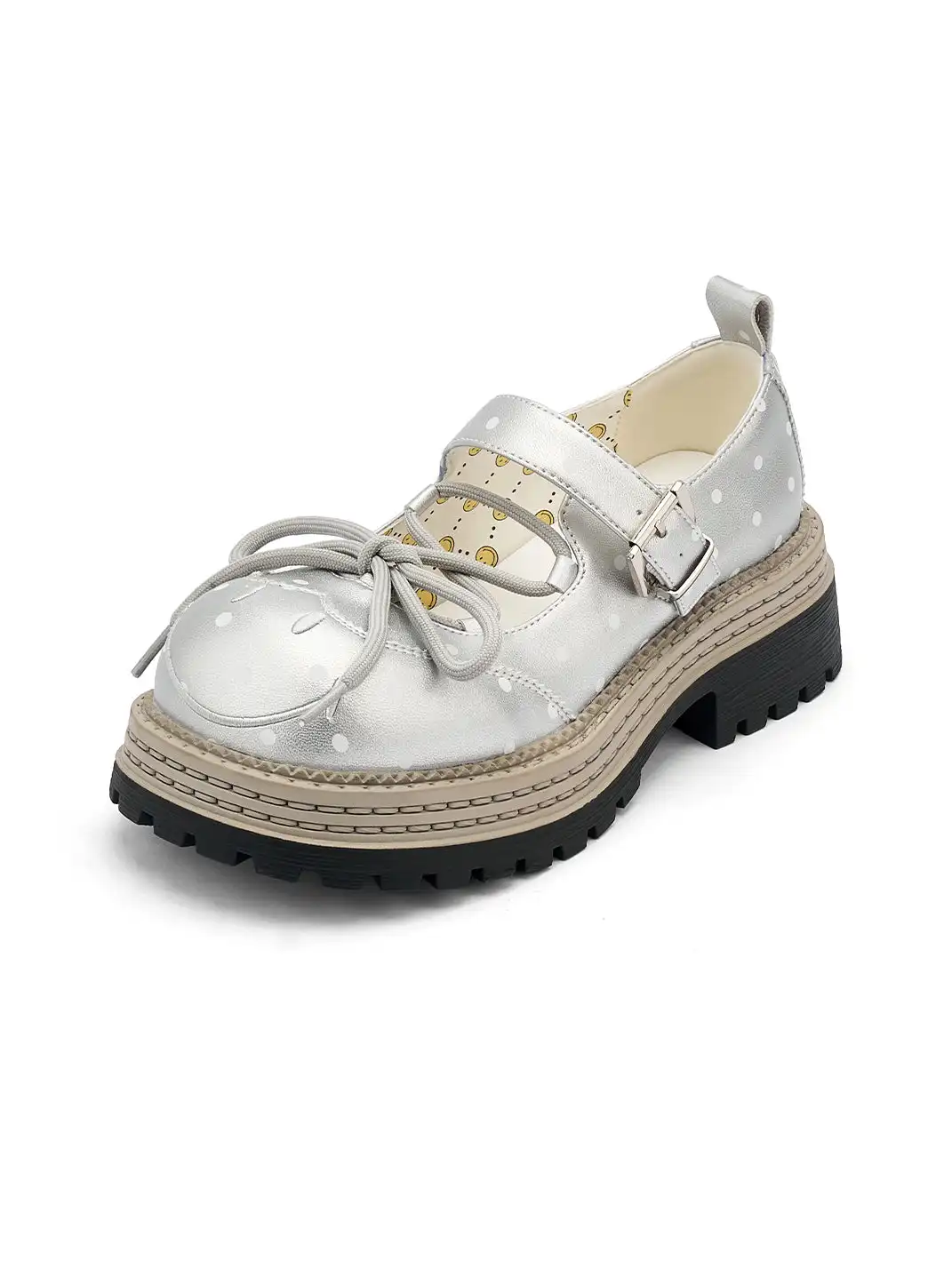 SMILEY | Polka Dot Platform Mary Jane Shoes With Bow-Silver