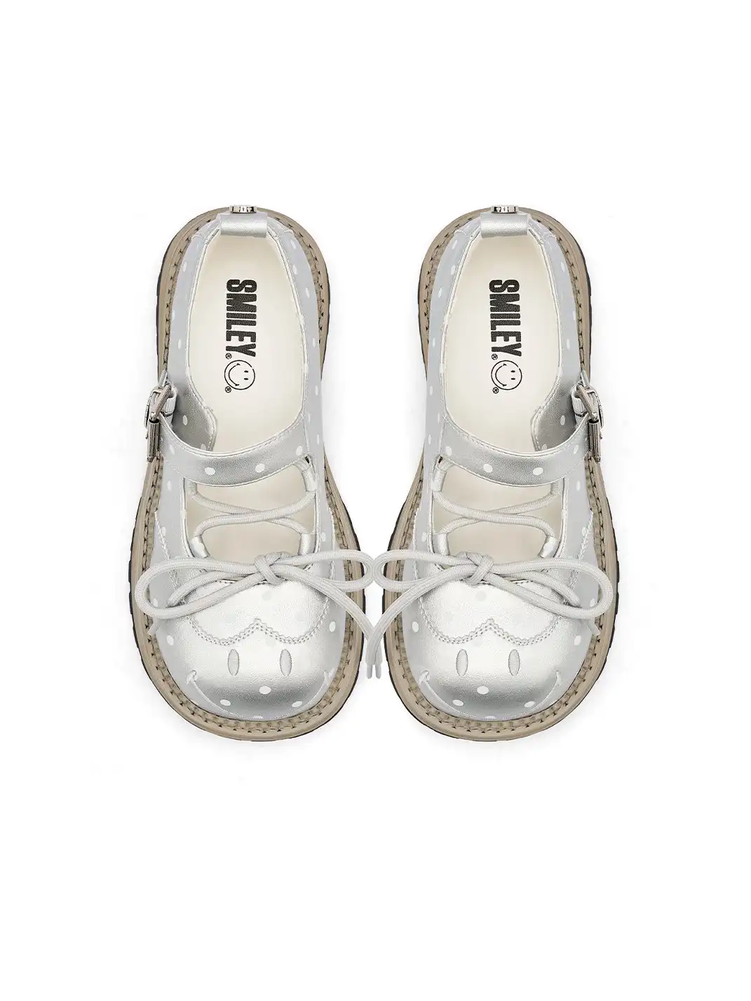 SMILEY | Polka Dot Platform Mary Jane Shoes With Bow-Silver