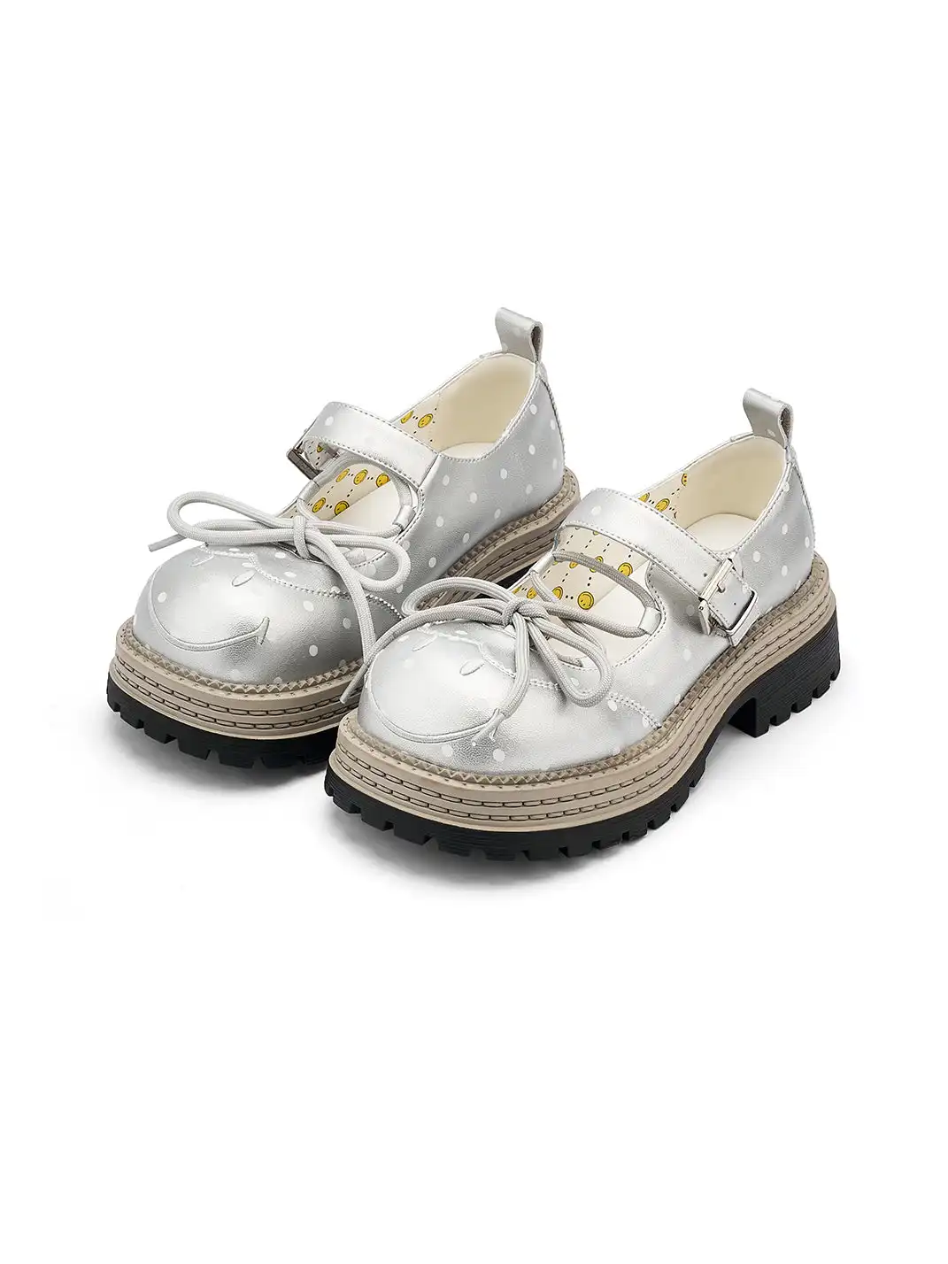SMILEY | Polka Dot Platform Mary Jane Shoes With Bow-Silver