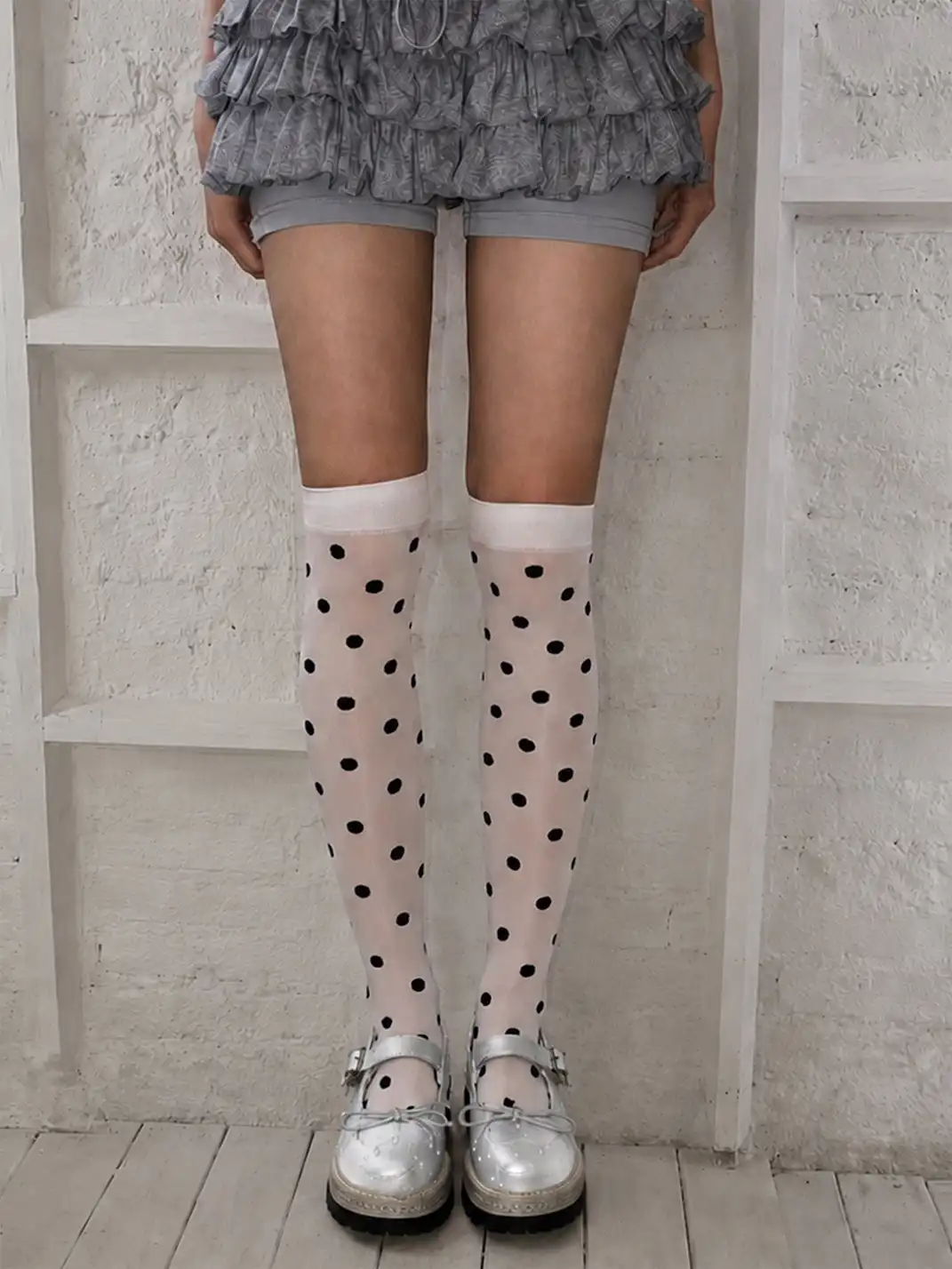 SMILEY | Polka Dot Platform Mary Jane Shoes With Bow-Silver