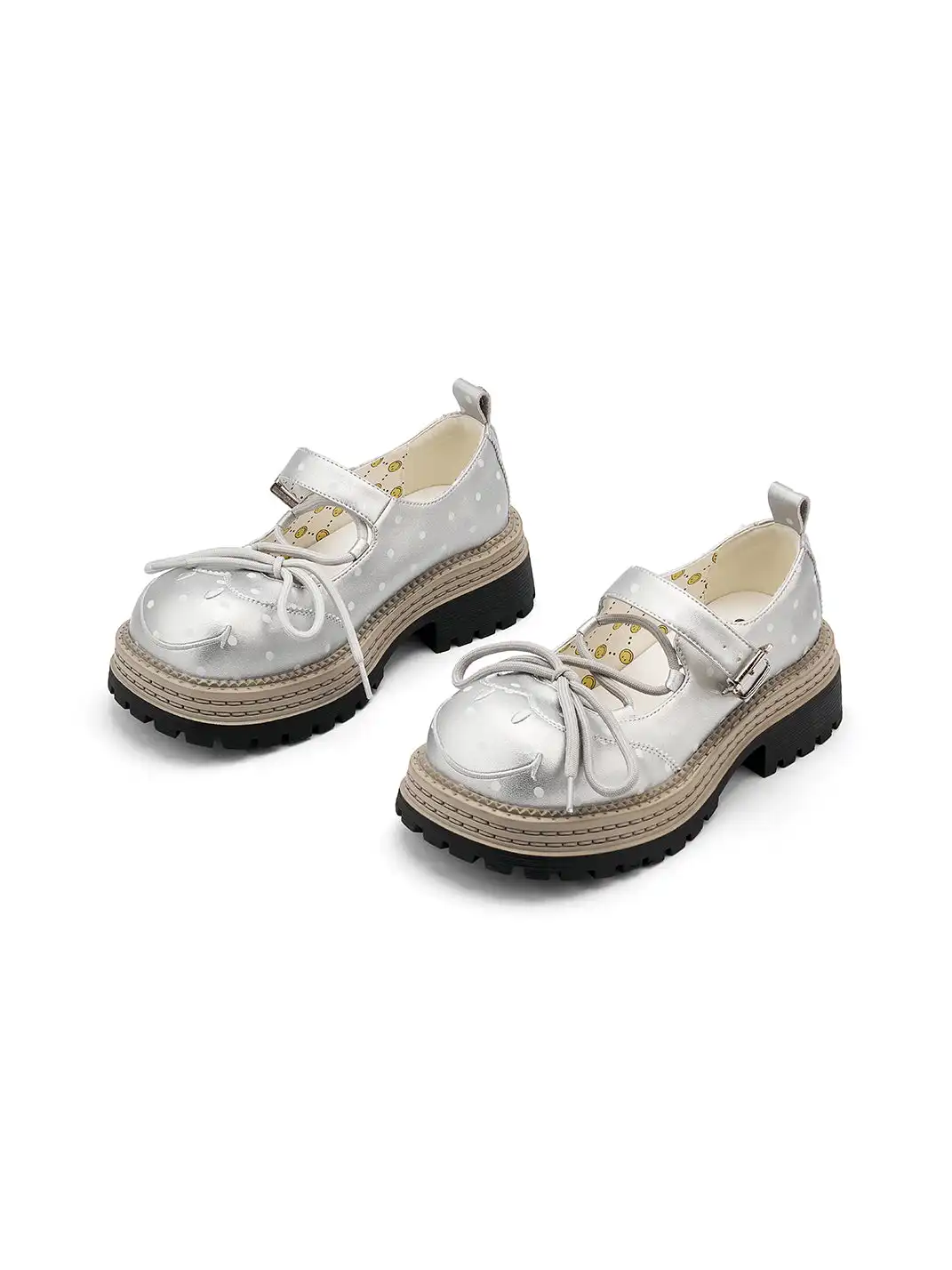 SMILEY | Polka Dot Platform Mary Jane Shoes With Bow-Silver