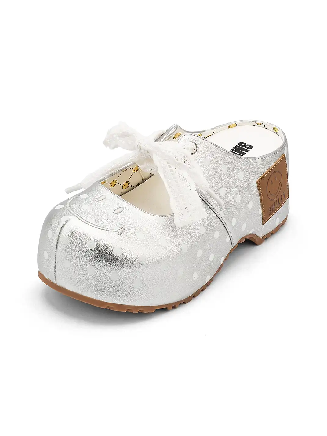SMILEY | Satin Bow Polka Dot Platform Slide Sandals-Silver