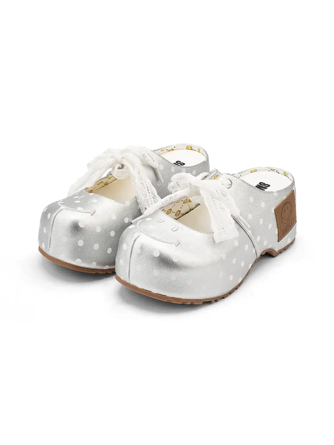 SMILEY | Satin Bow Polka Dot Platform Slide Sandals-Silver