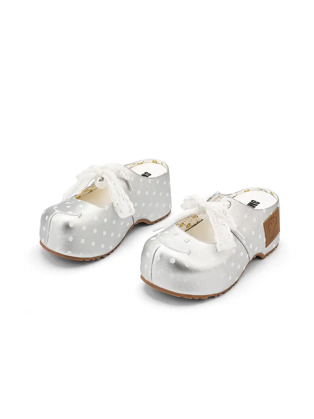 SMILEY | Satin Bow Polka Dot Platform Slide Sandals-Silver