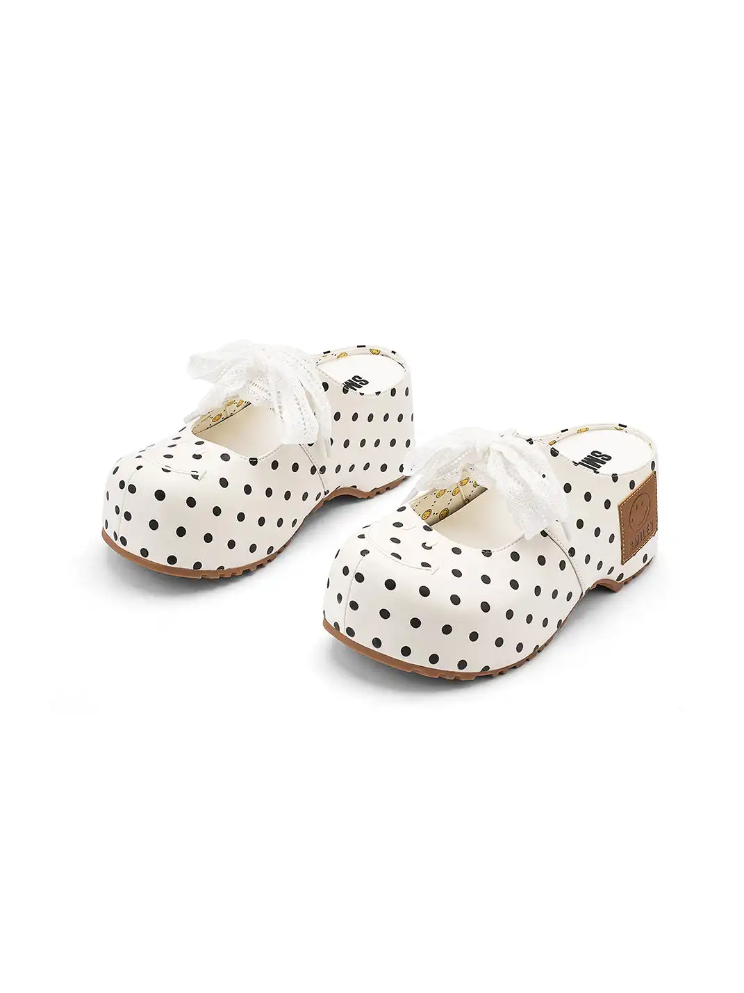 SMILEY | Satin Bow Polka Dot Platform Slide Sandals-White