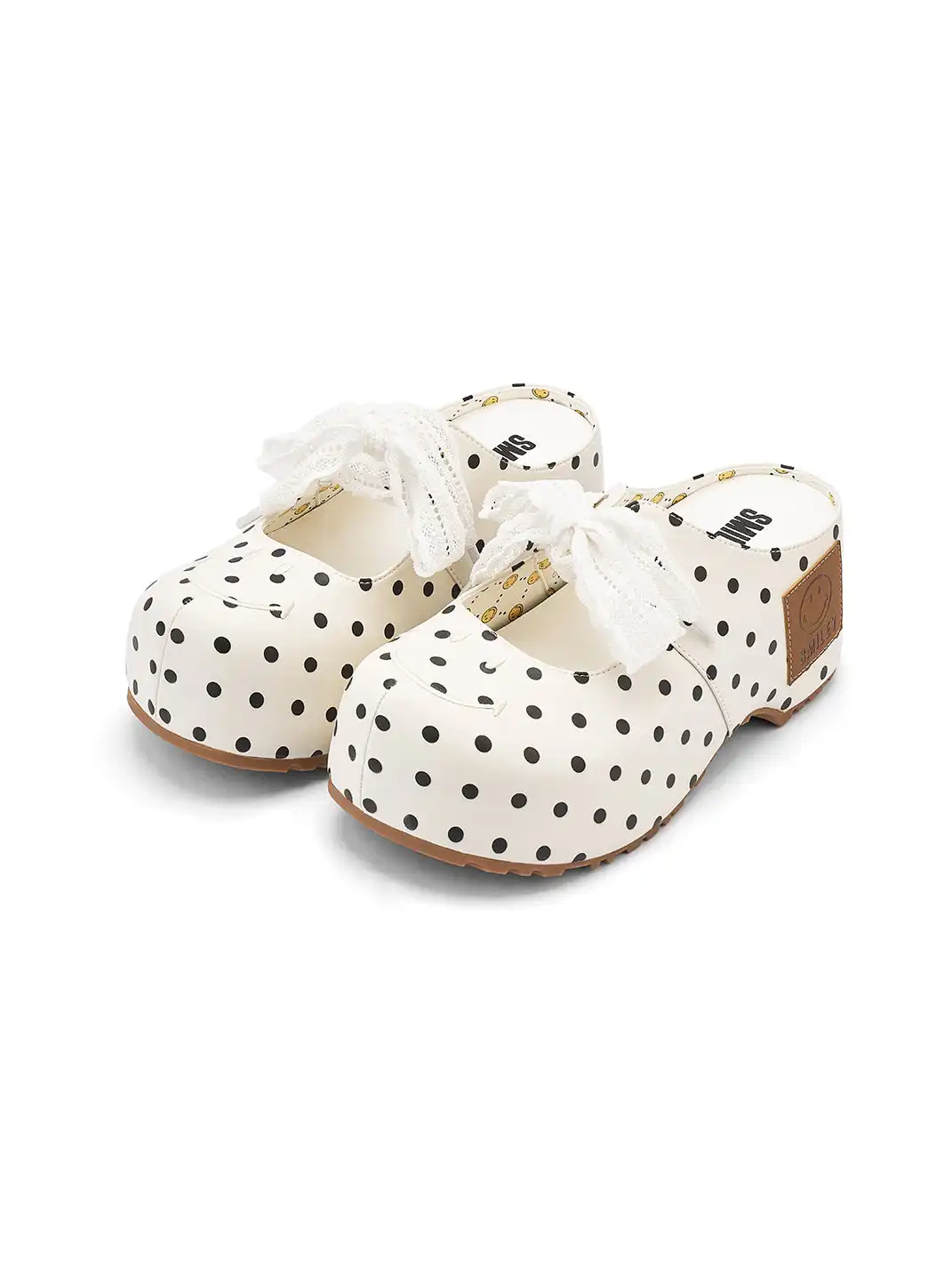 SMILEY | Satin Bow Polka Dot Platform Slide Sandals-White