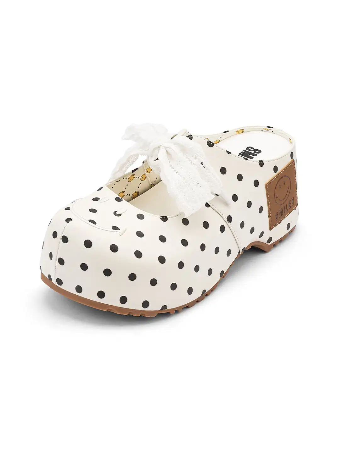 SMILEY | Satin Bow Polka Dot Platform Slide Sandals-White
