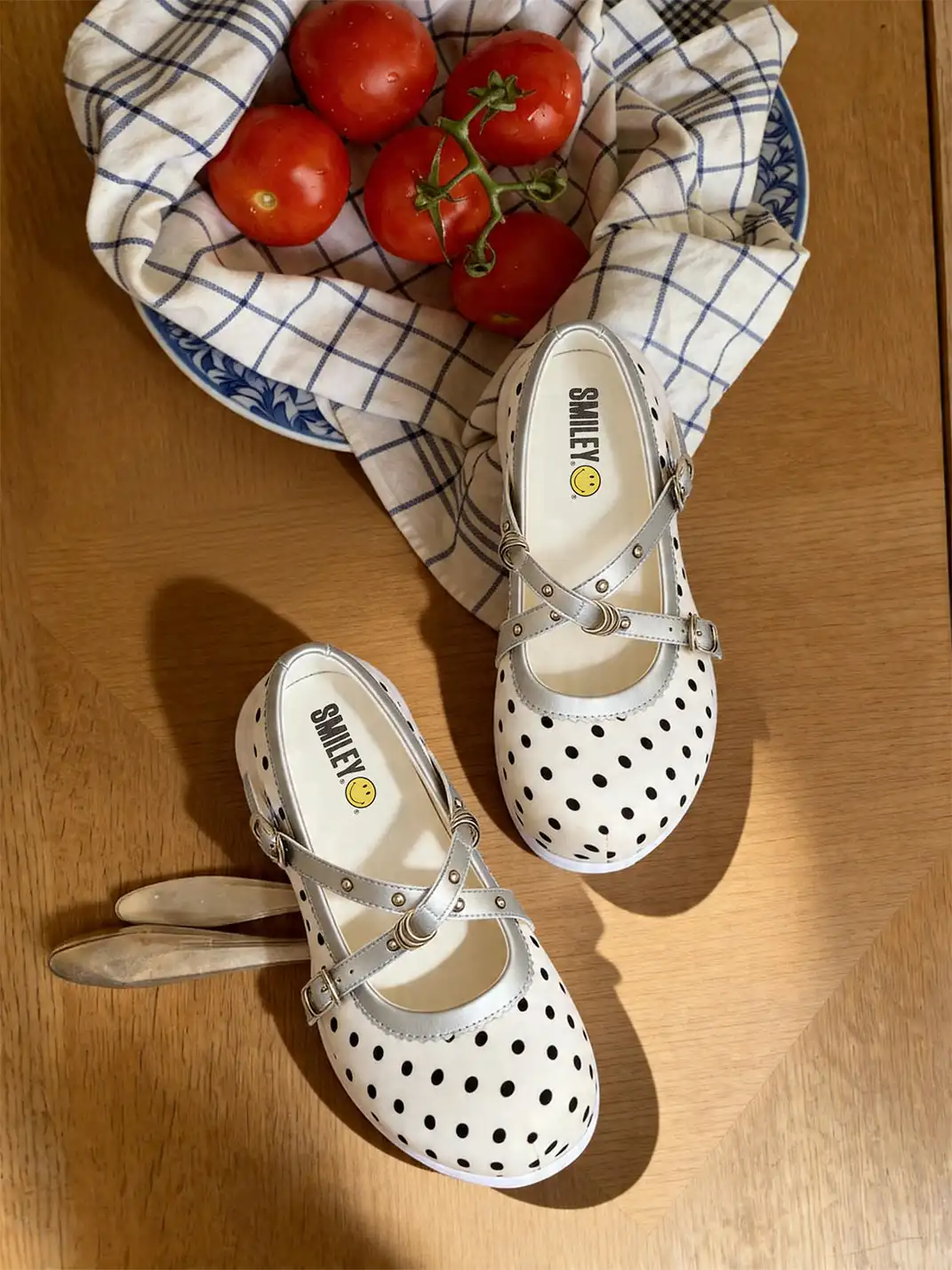 SMILEY | Polka Dot Double Strap Platform Mary Jane Sneakers-White