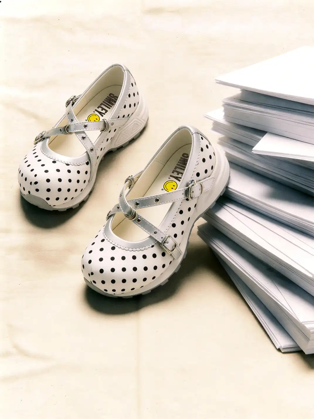 SMILEY | Polka Dot Double Strap Platform Mary Jane Sneakers-White