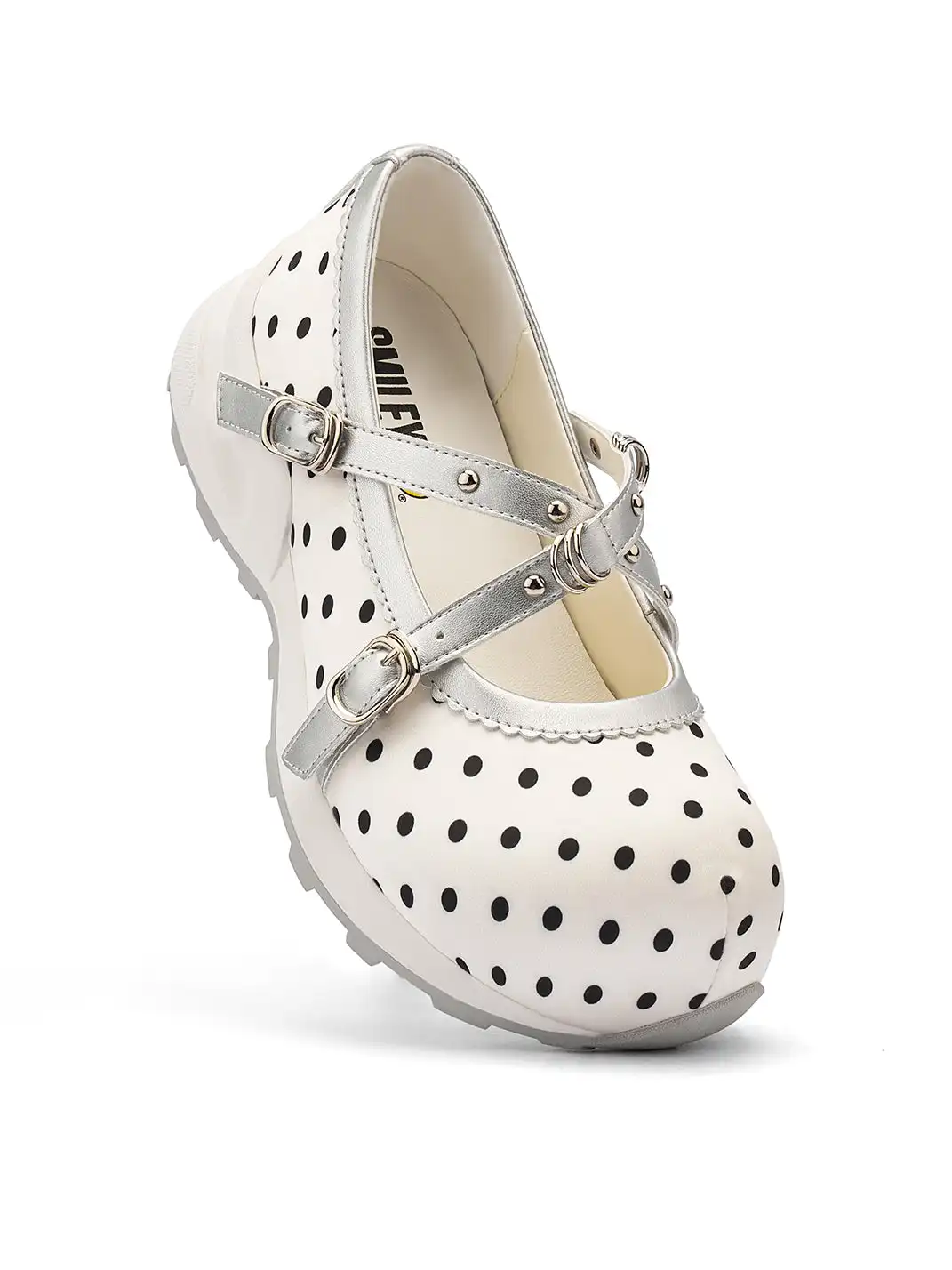 SMILEY | Polka Dot Double Strap Platform Mary Jane Sneakers-White