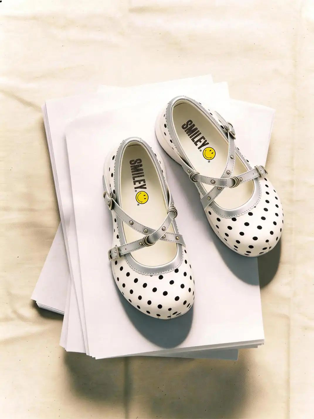 SMILEY | Polka Dot Double Strap Platform Mary Jane Sneakers-White