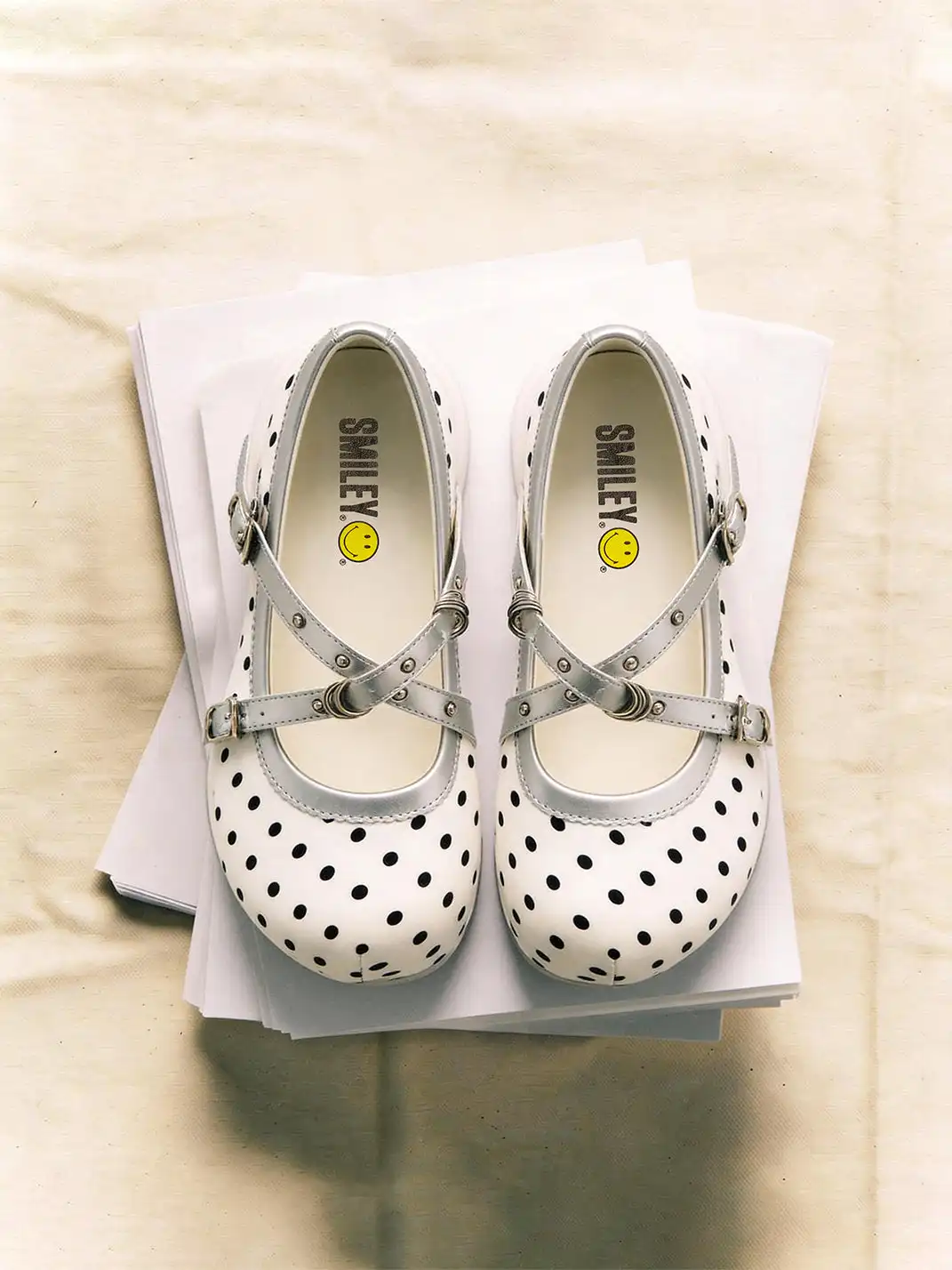 SMILEY | Polka Dot Double Strap Platform Mary Jane Sneakers-White